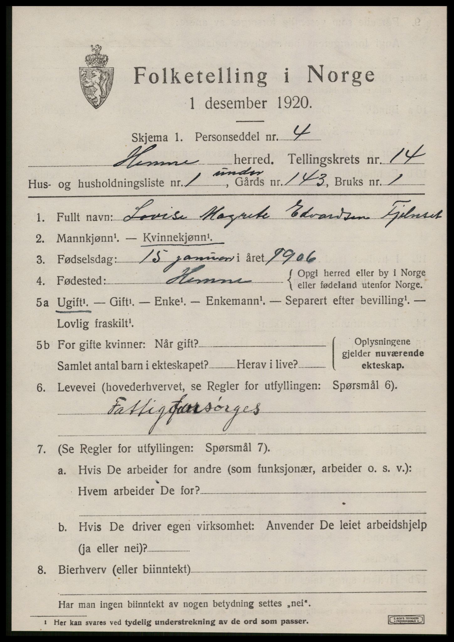 SAT, 1920 census for Hemne, 1920, p. 7936