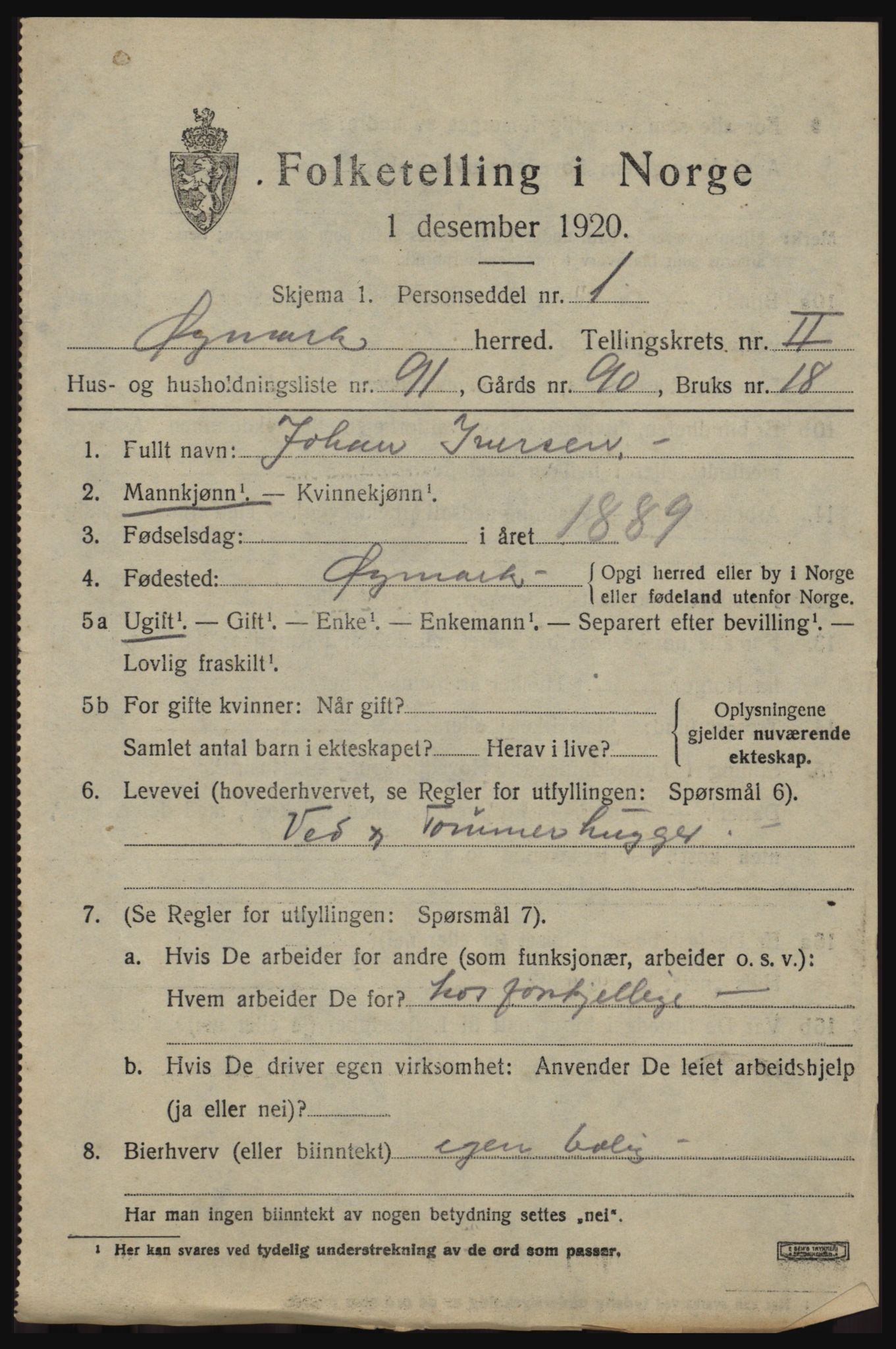 SAO, 1920 census for Øymark, 1920, p. 2495