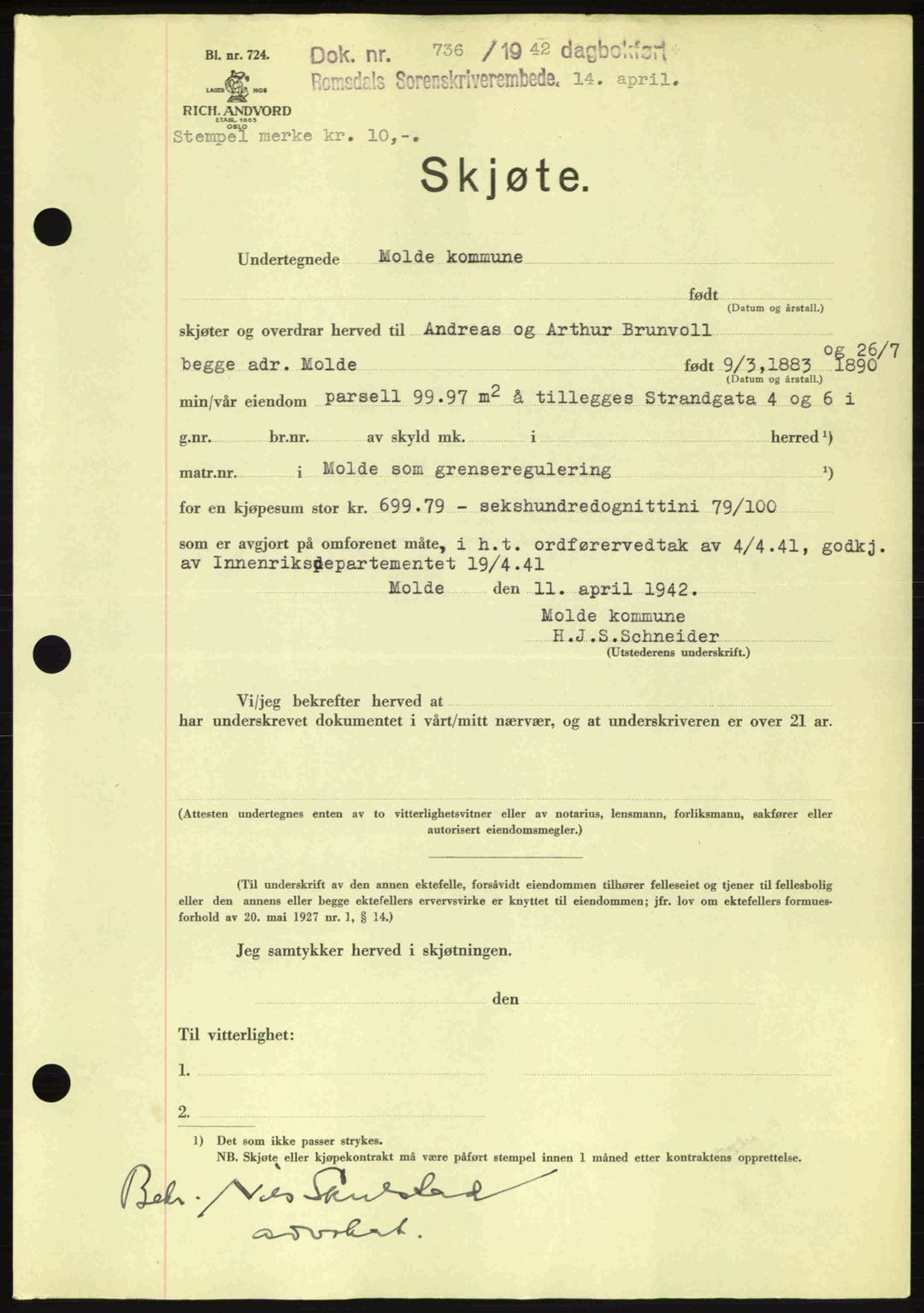 Romsdal sorenskriveri, AV/SAT-A-4149/1/2/2C: Mortgage book no. A12, 1942-1942, Diary no: : 736/1942