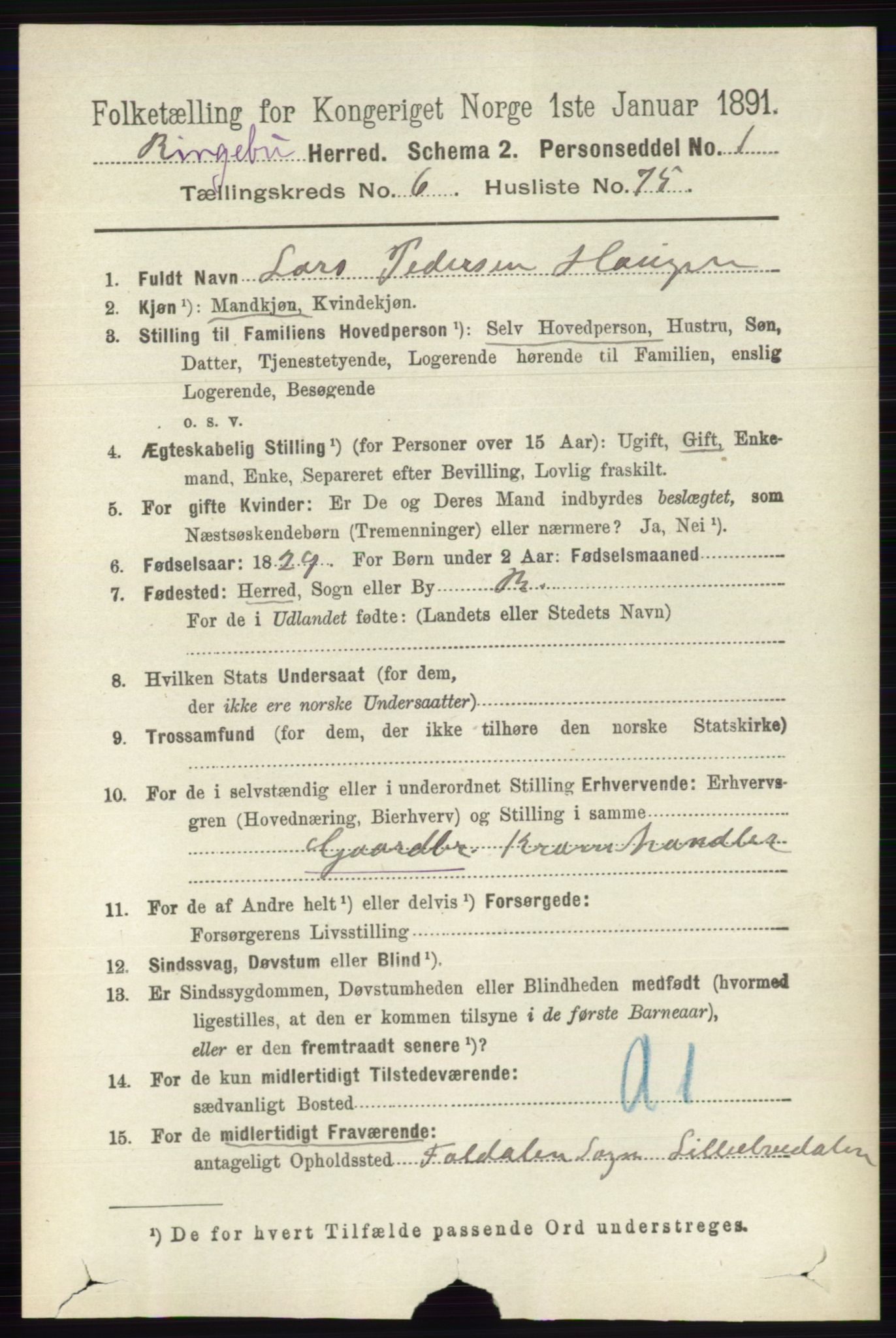 RA, 1891 census for 0520 Ringebu, 1891, p. 2911