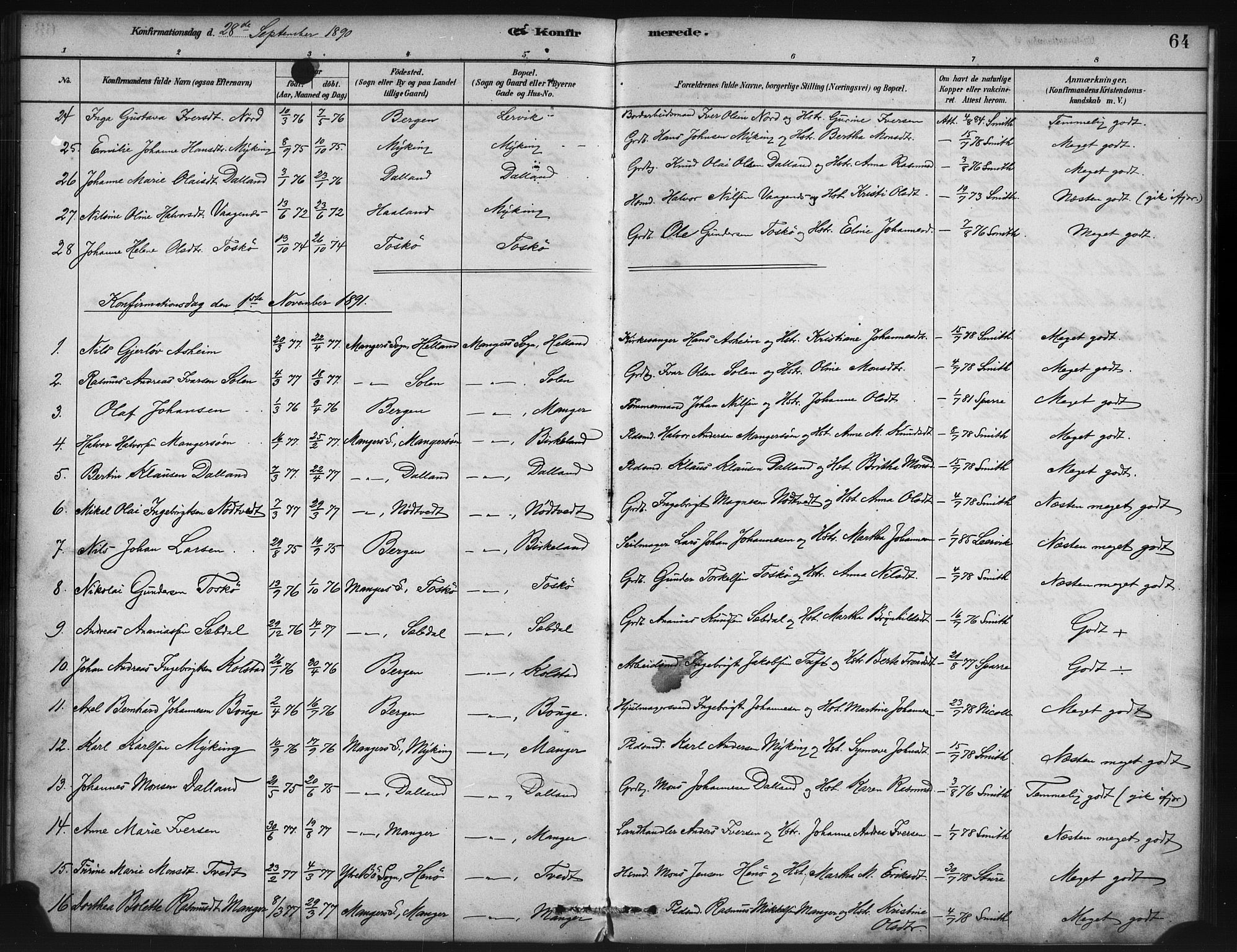 Manger sokneprestembete, SAB/A-76801/H/Haa: Parish register (official) no. B 1, 1881-1892, p. 64