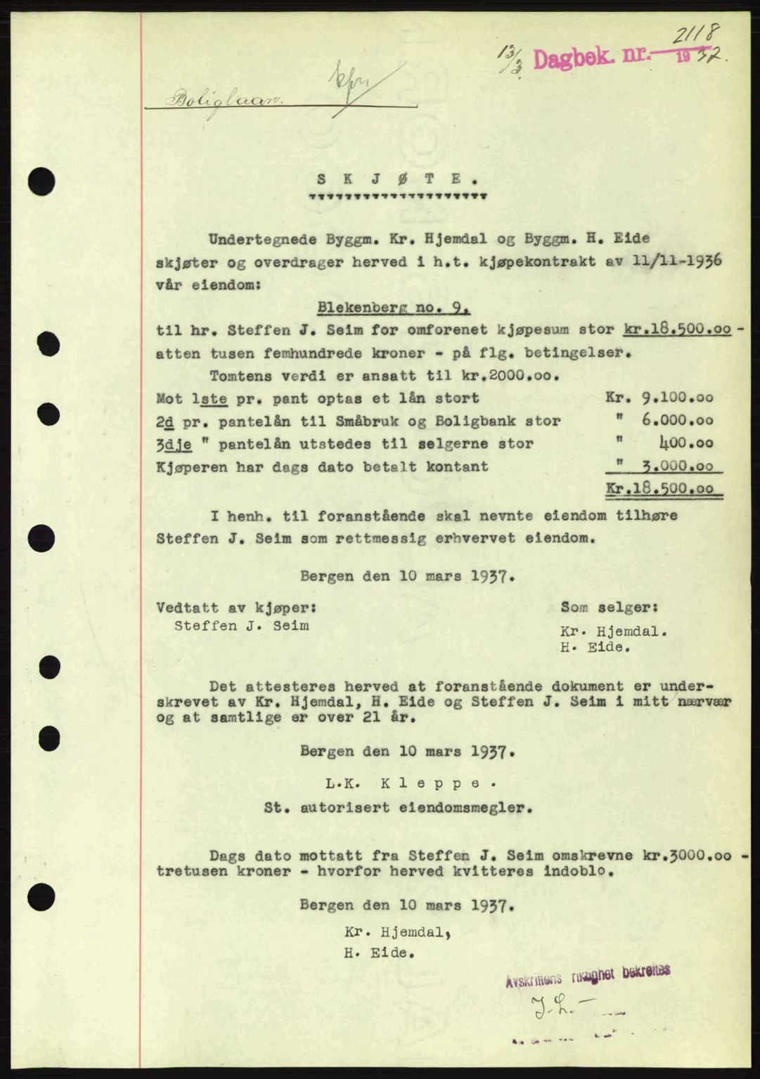 Byfogd og Byskriver i Bergen, SAB/A-3401/03/03Bc/L0004: Mortgage book no. A3-4, 1936-1937, Diary no: : 2118/1937