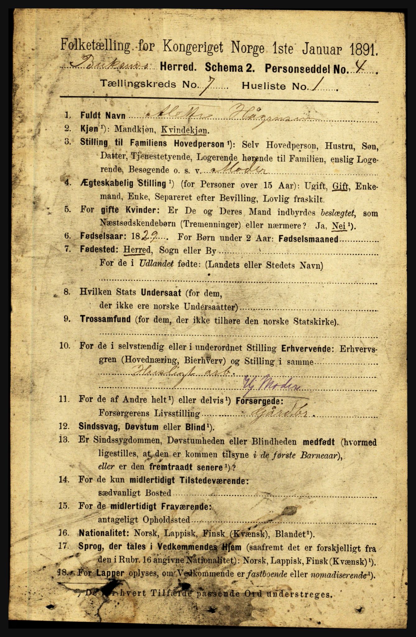 RA, 1891 census for 1860 Buksnes, 1891, p. 4993