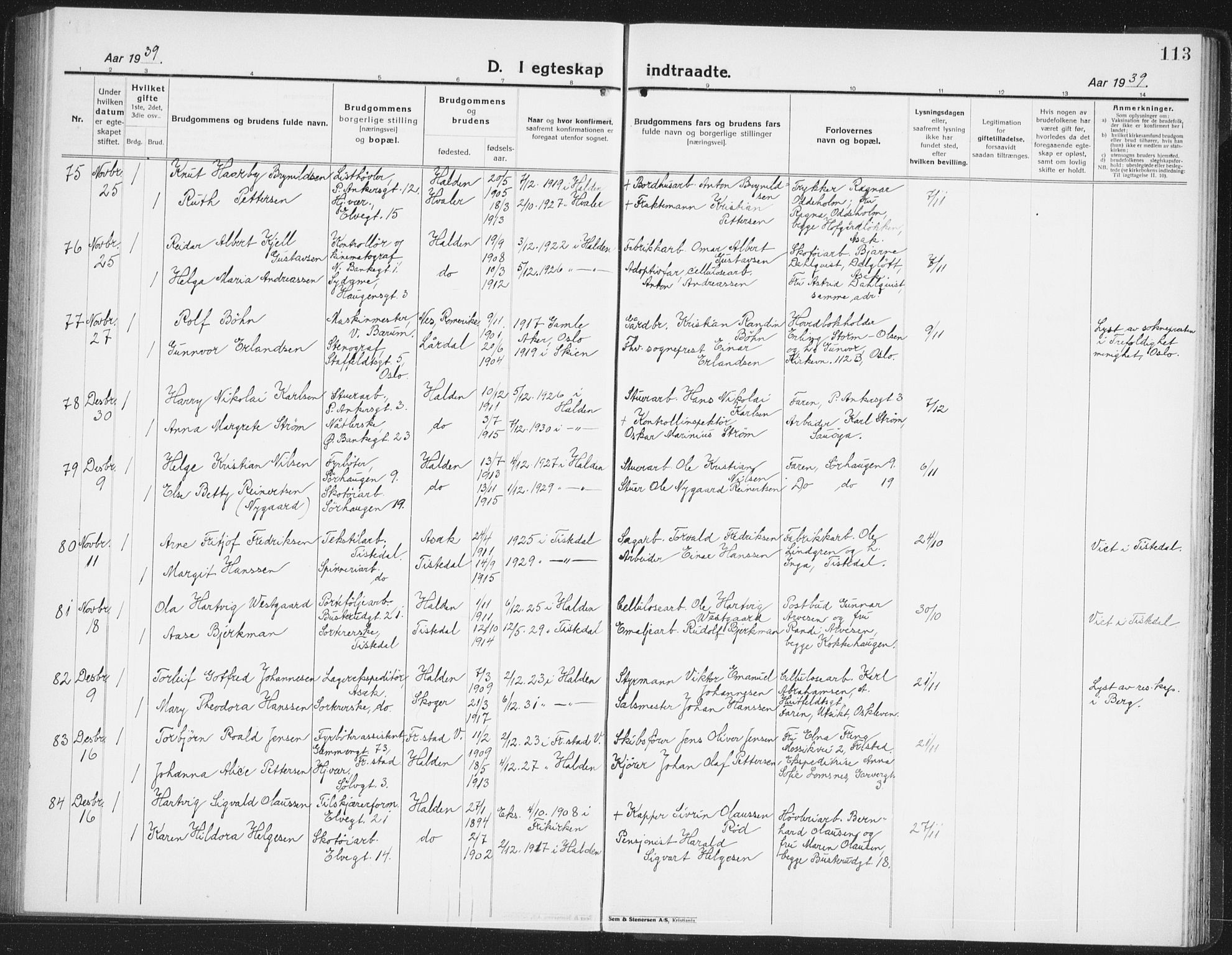 Halden prestekontor Kirkebøker, AV/SAO-A-10909/G/Ga/L0014: Parish register (copy) no. 14, 1925-1943, p. 113