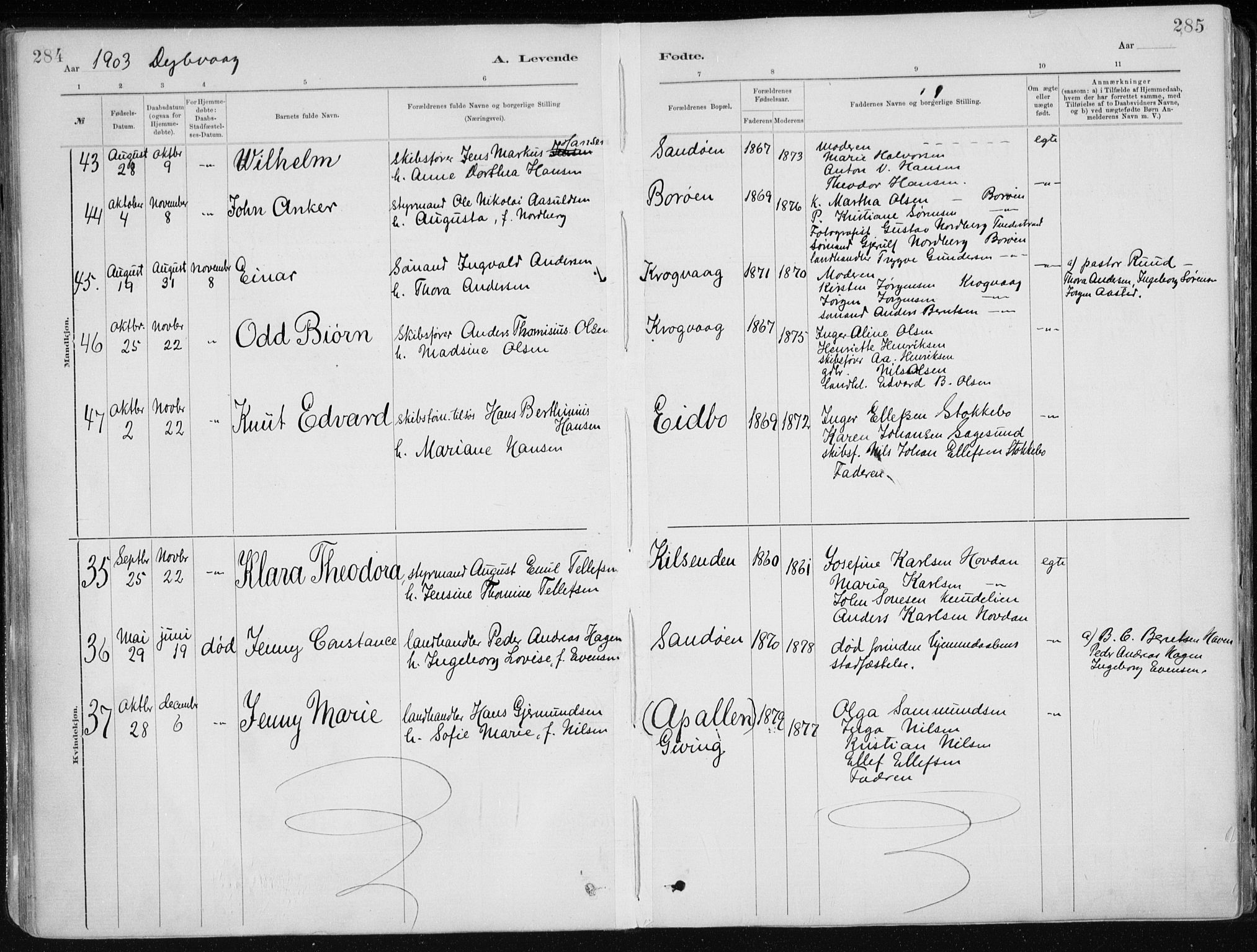 Dypvåg sokneprestkontor, AV/SAK-1111-0007/F/Fa/Faa/L0008: Parish register (official) no. A 8, 1885-1906, p. 284-285