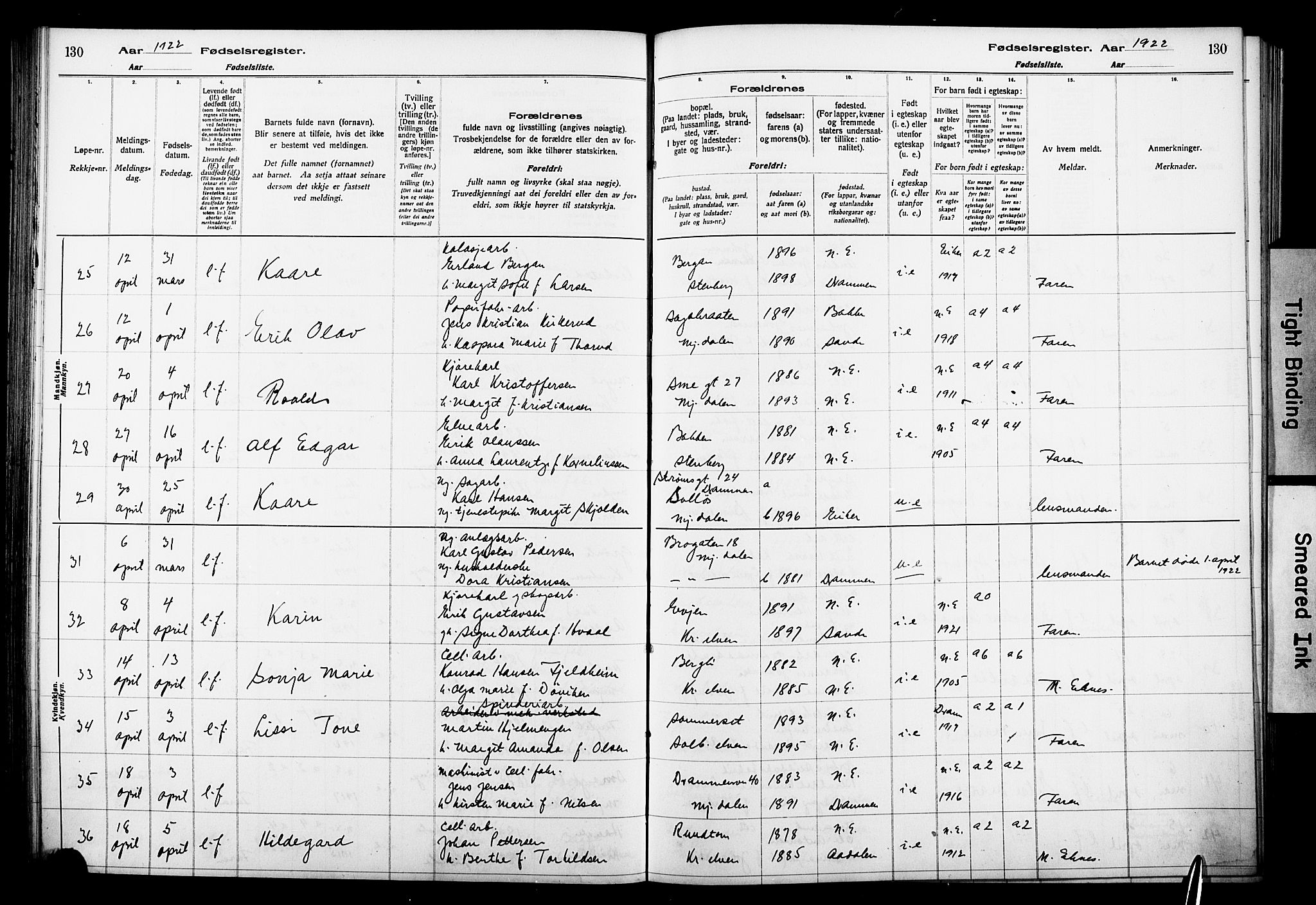 Nedre Eiker kirkebøker, AV/SAKO-A-612/J/Ja/L0001: Birth register no. 1, 1916-1925, p. 130