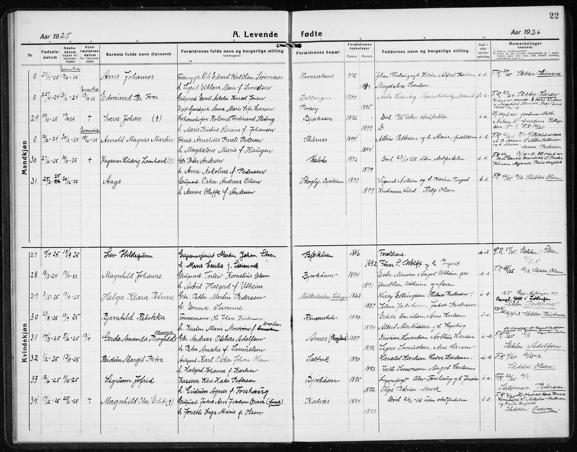 Ministerialprotokoller, klokkerbøker og fødselsregistre - Nordland, AV/SAT-A-1459/869/L0975: Parish register (copy) no. 869C01, 1923-1939, p. 22