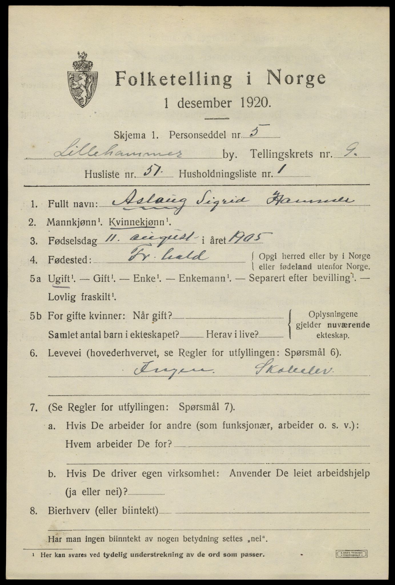 SAH, 1920 census for Lillehammer, 1920, p. 12352