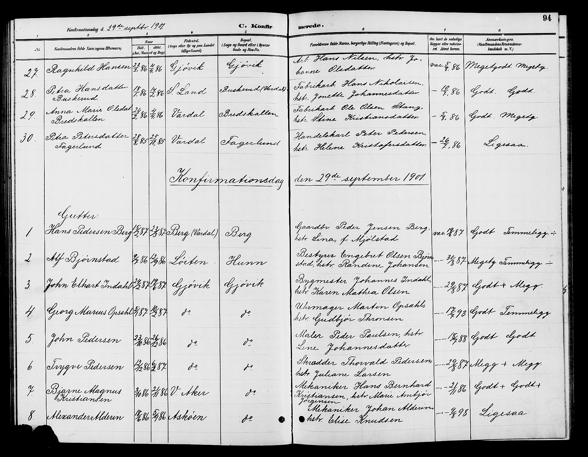 Vardal prestekontor, SAH/PREST-100/H/Ha/Hab/L0009: Parish register (copy) no. 9, 1894-1902, p. 94