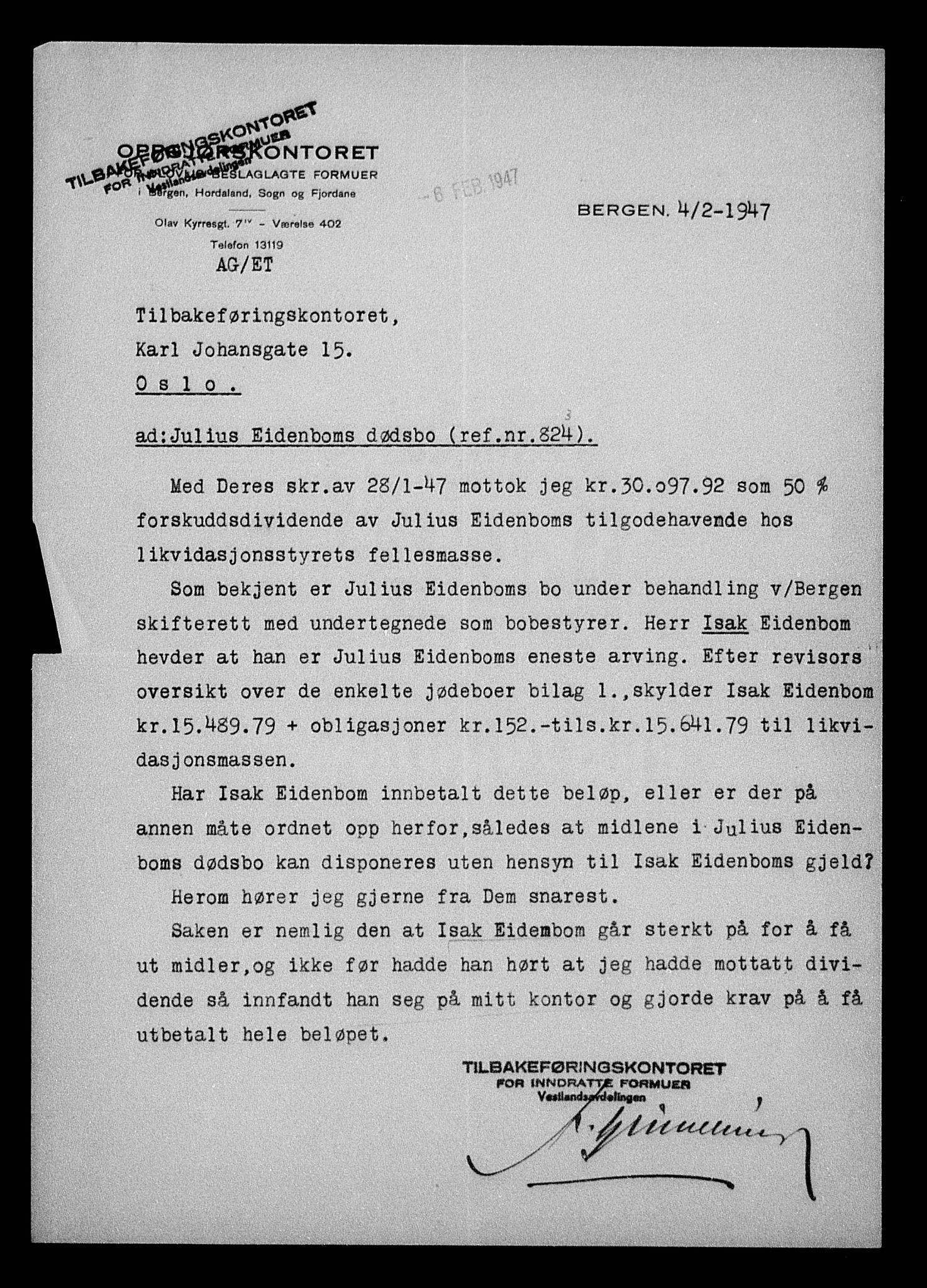 Justisdepartementet, Tilbakeføringskontoret for inndratte formuer, AV/RA-S-1564/H/Hc/Hcd/L0995: --, 1945-1947, p. 15