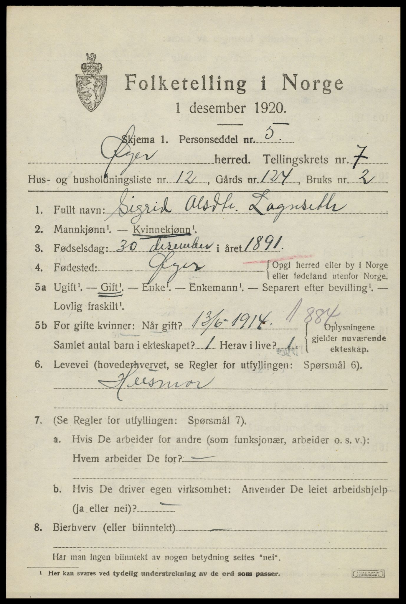 SAH, 1920 census for Øyer, 1920, p. 6494