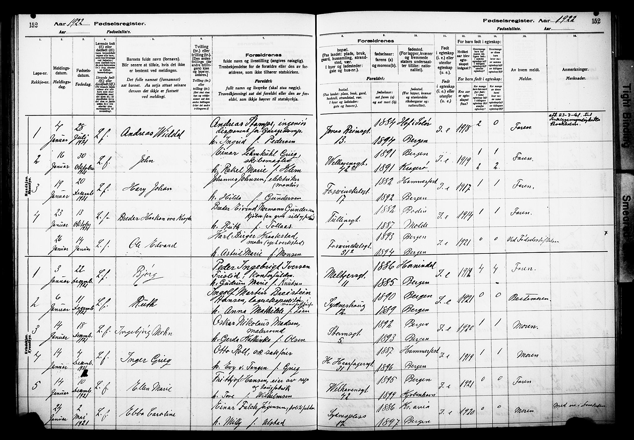 Johanneskirken sokneprestembete, SAB/A-76001/I/Id/L00A1: Birth register no. A 1, 1916-1924, p. 152