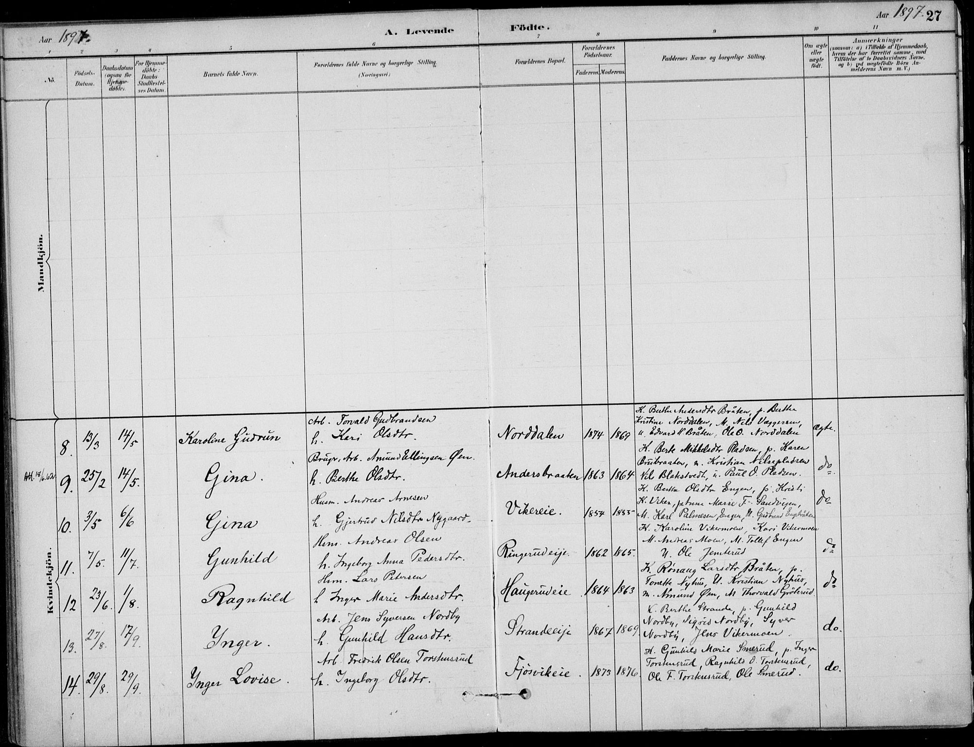 Ådal kirkebøker, AV/SAKO-A-248/F/Fa/L0003: Parish register (official) no. I 3, 1884-1903, p. 27