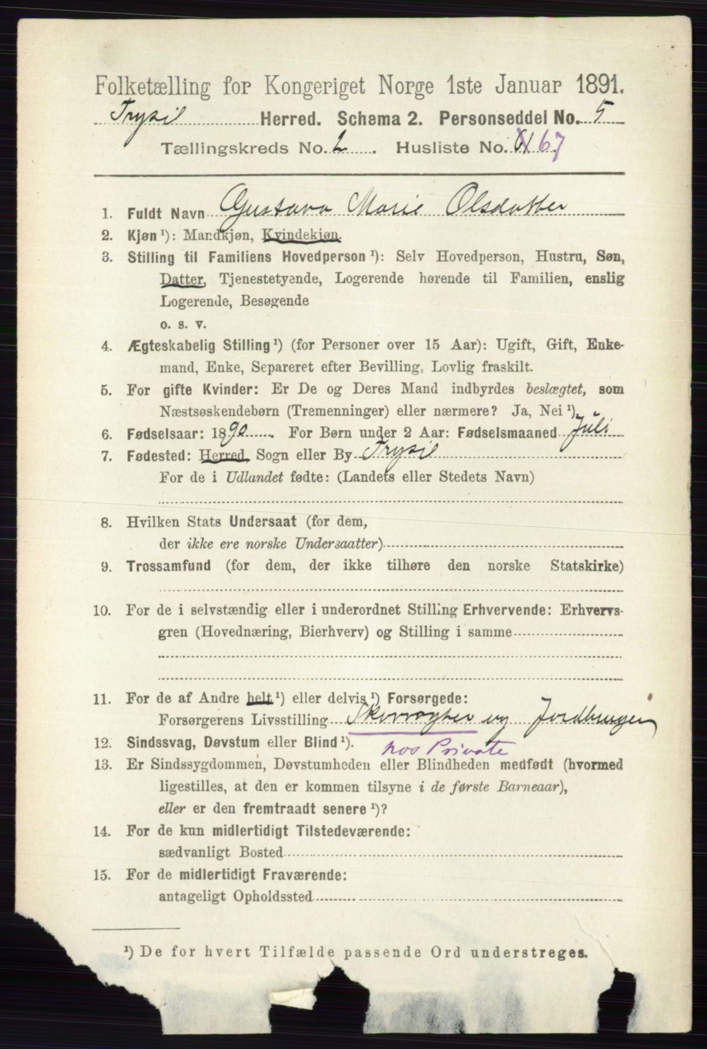 RA, 1891 census for 0428 Trysil, 1891, p. 1268