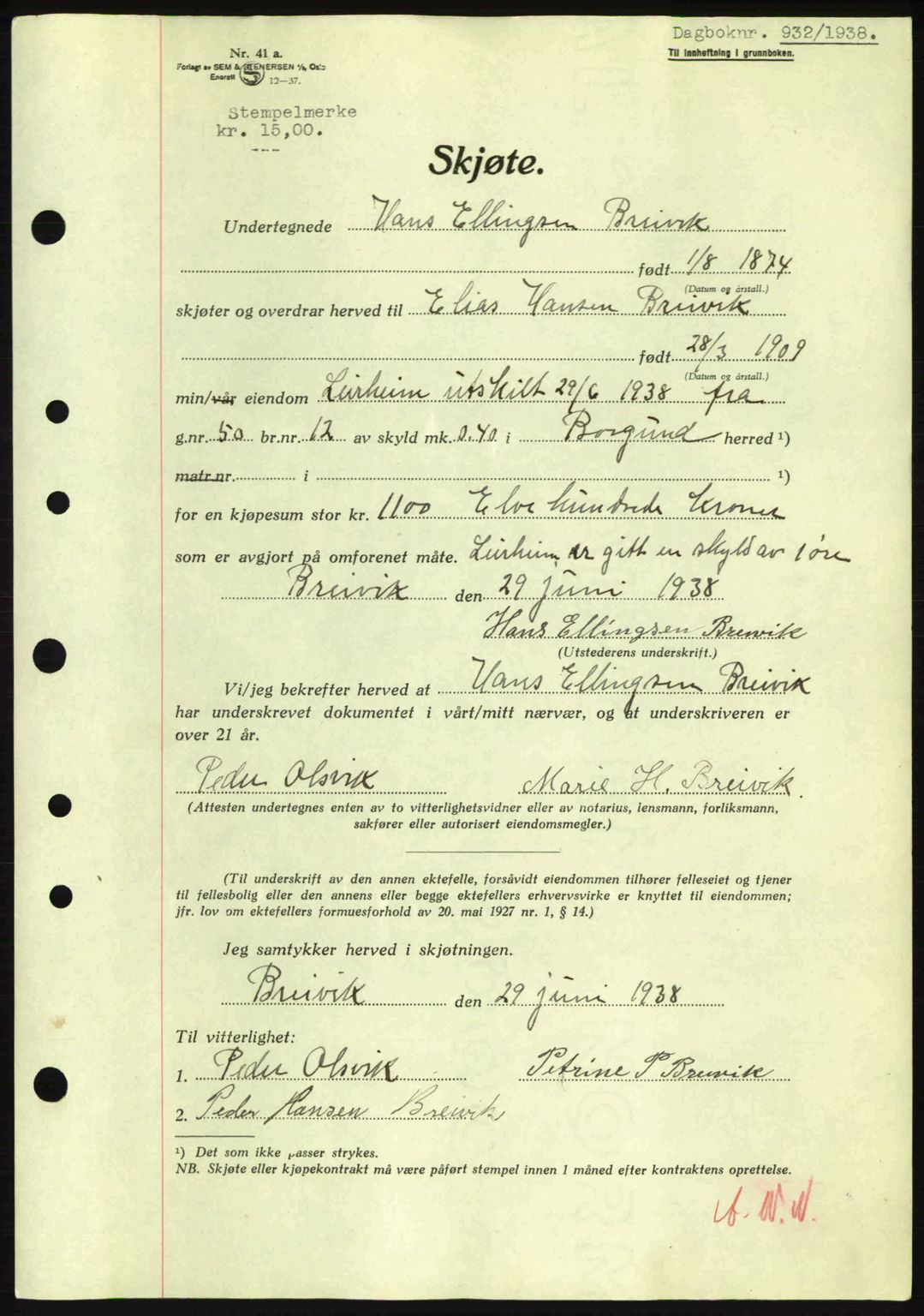 Nordre Sunnmøre sorenskriveri, AV/SAT-A-0006/1/2/2C/2Ca: Mortgage book no. A4, 1937-1938, Diary no: : 932/1938