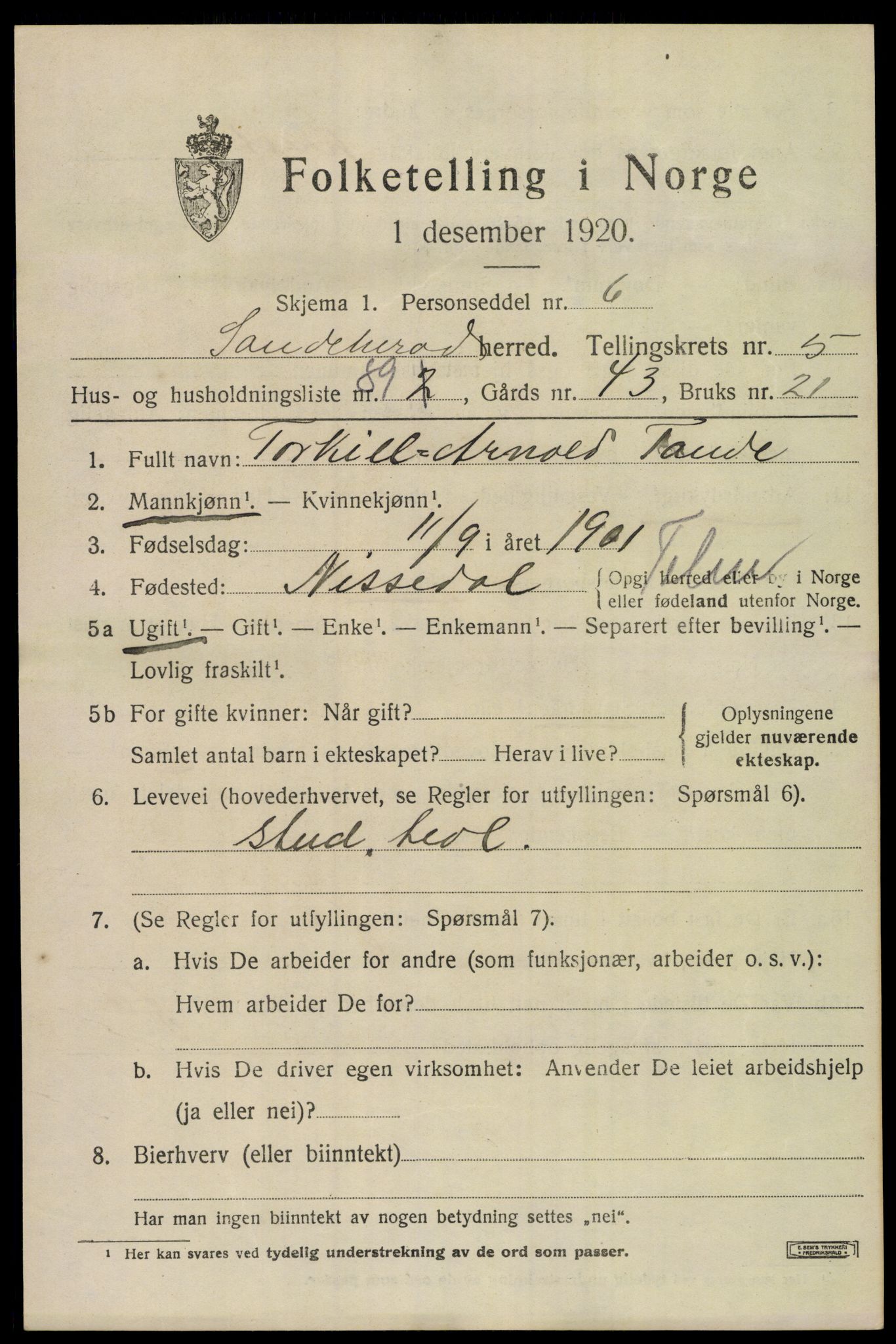 SAKO, 1920 census for Sandeherred, 1920, p. 9256