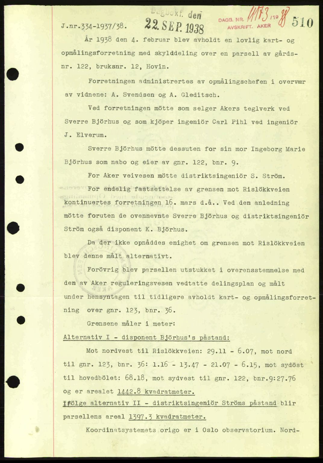 Aker herredsskriveri, SAO/A-10896/G/Gb/Gba/Gbab/L0025: Mortgage book no. A154-155, 1938-1938, Diary no: : 11173/1938