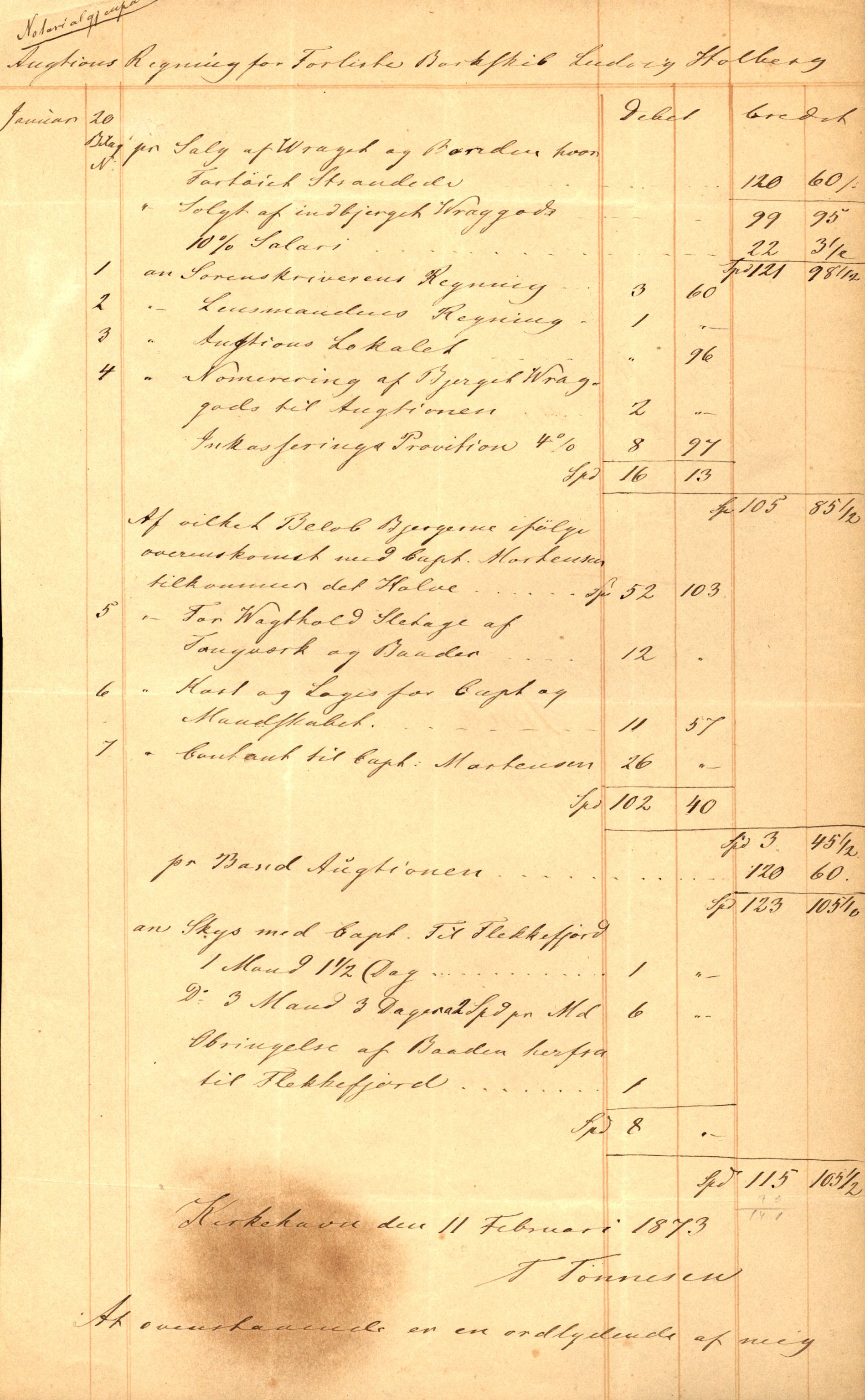 Pa 63 - Østlandske skibsassuranceforening, VEMU/A-1079/G/Ga/L0005/0012: Havaridokumenter / Ludvig Holberg, 1873