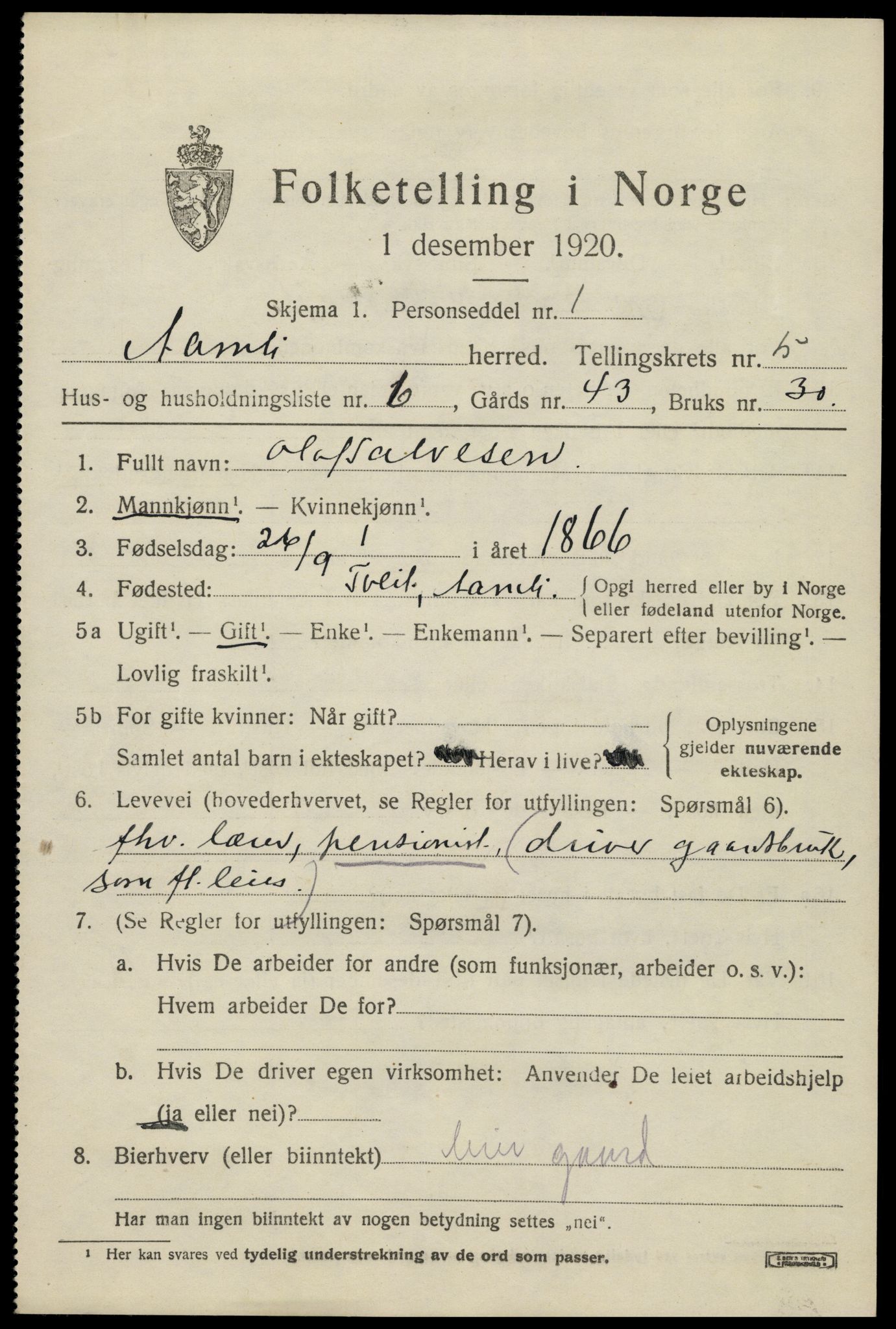 SAK, 1920 census for Åmli, 1920, p. 2341