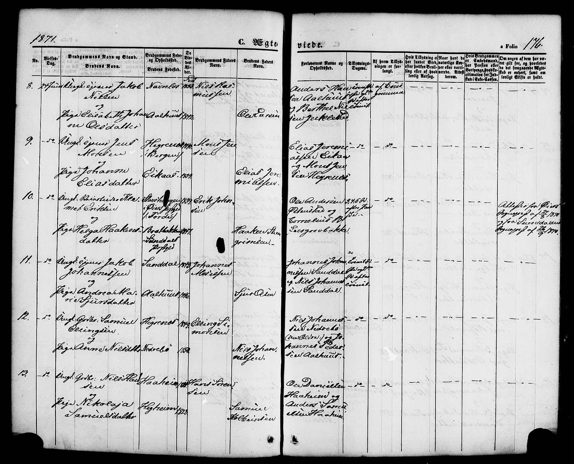 Jølster sokneprestembete, AV/SAB-A-80701/H/Haa/Haaa/L0011: Parish register (official) no. A 11, 1866-1881, p. 176