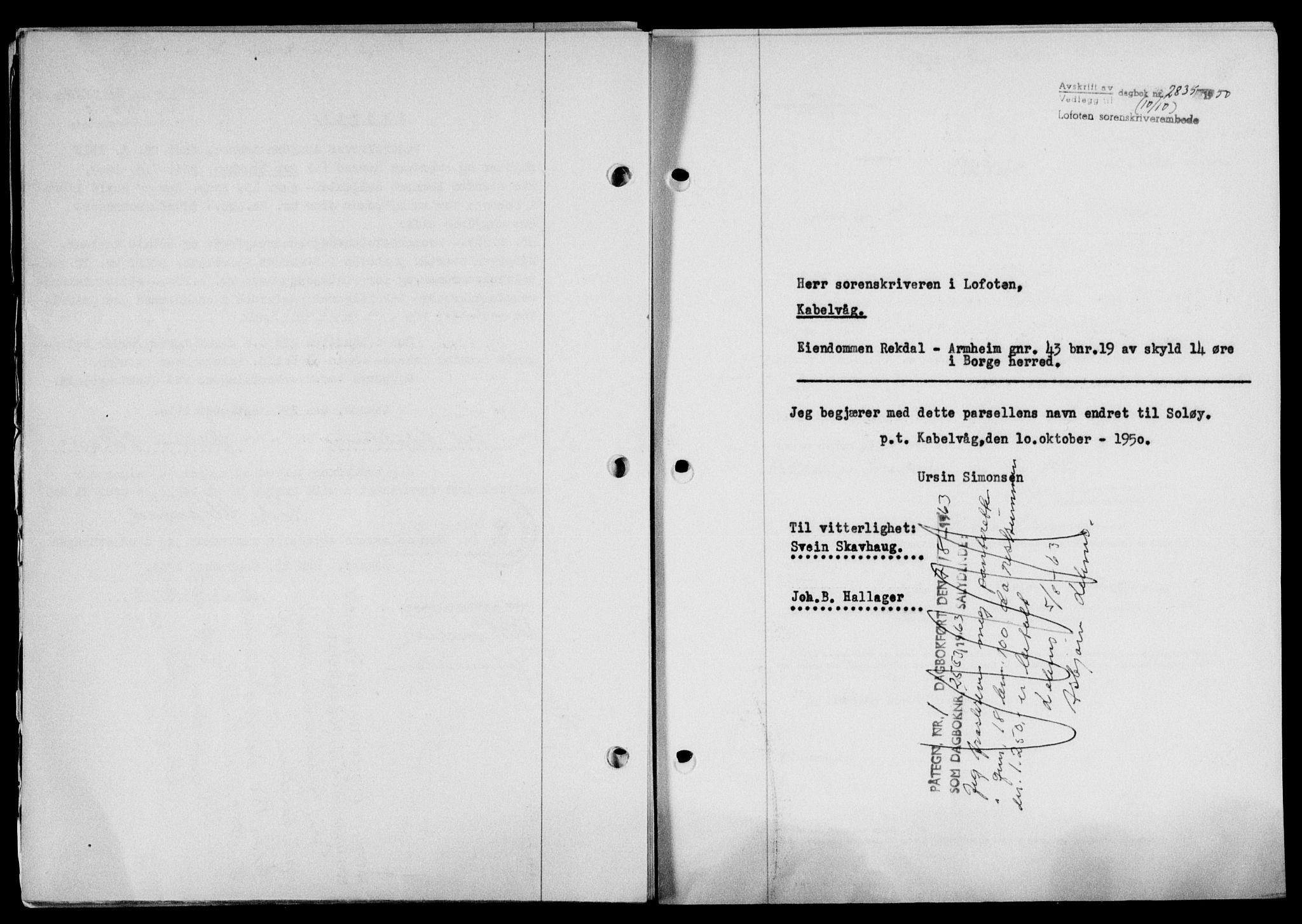 Lofoten sorenskriveri, SAT/A-0017/1/2/2C/L0024a: Mortgage book no. 24a, 1950-1950, Diary no: : 2835/1950