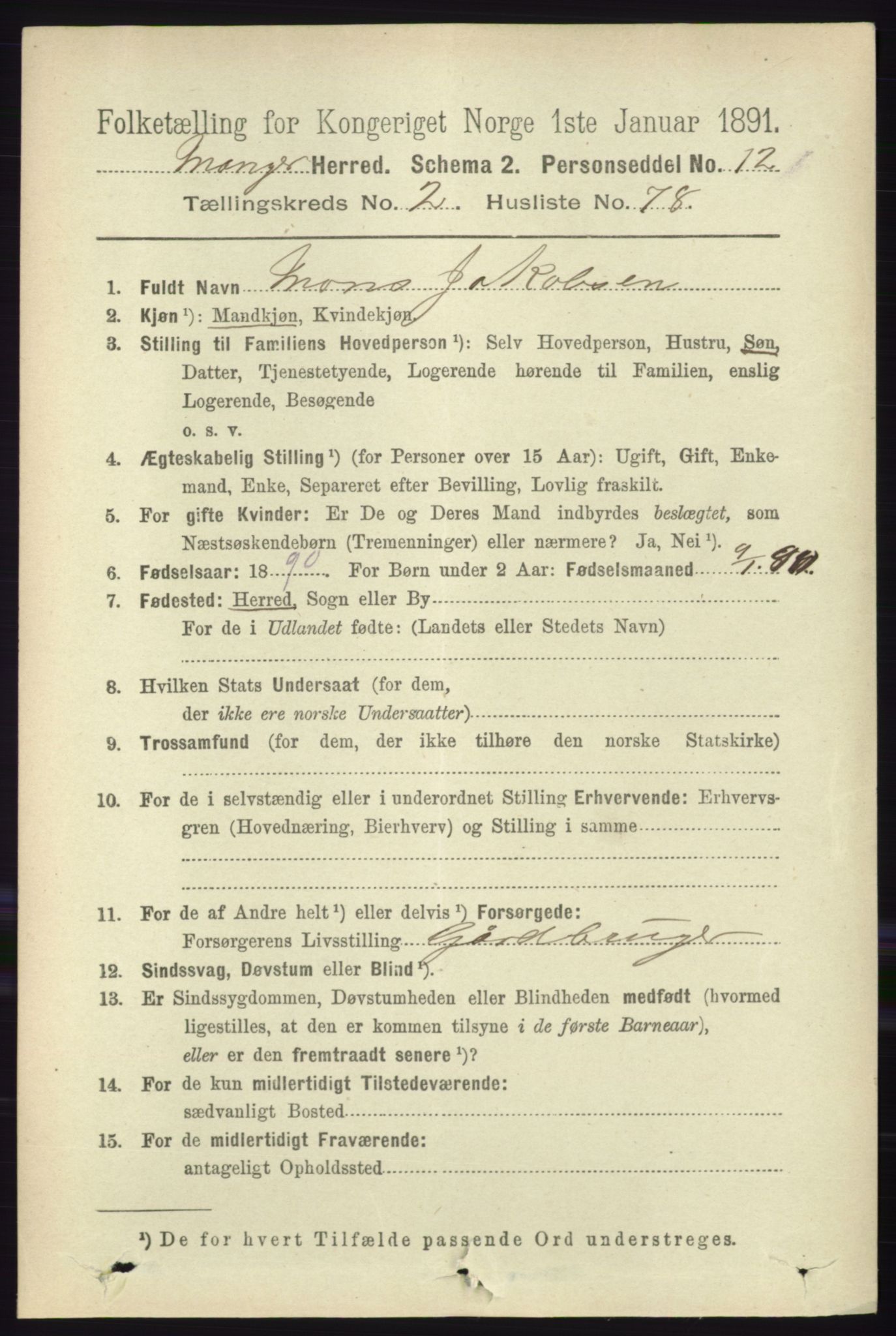 RA, 1891 census for 1261 Manger, 1891, p. 1341