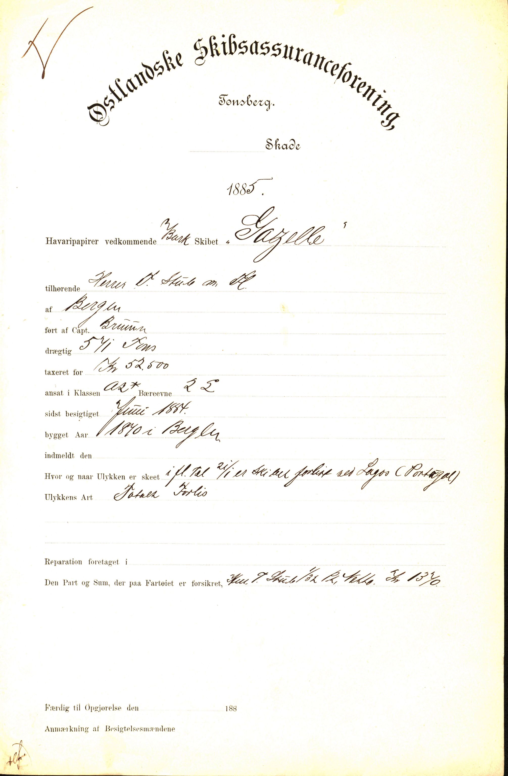 Pa 63 - Østlandske skibsassuranceforening, VEMU/A-1079/G/Ga/L0018/0003: Havaridokumenter / Gazelle, Gambetta, Hildur, Botvid, Alvega, America, 1885, p. 1