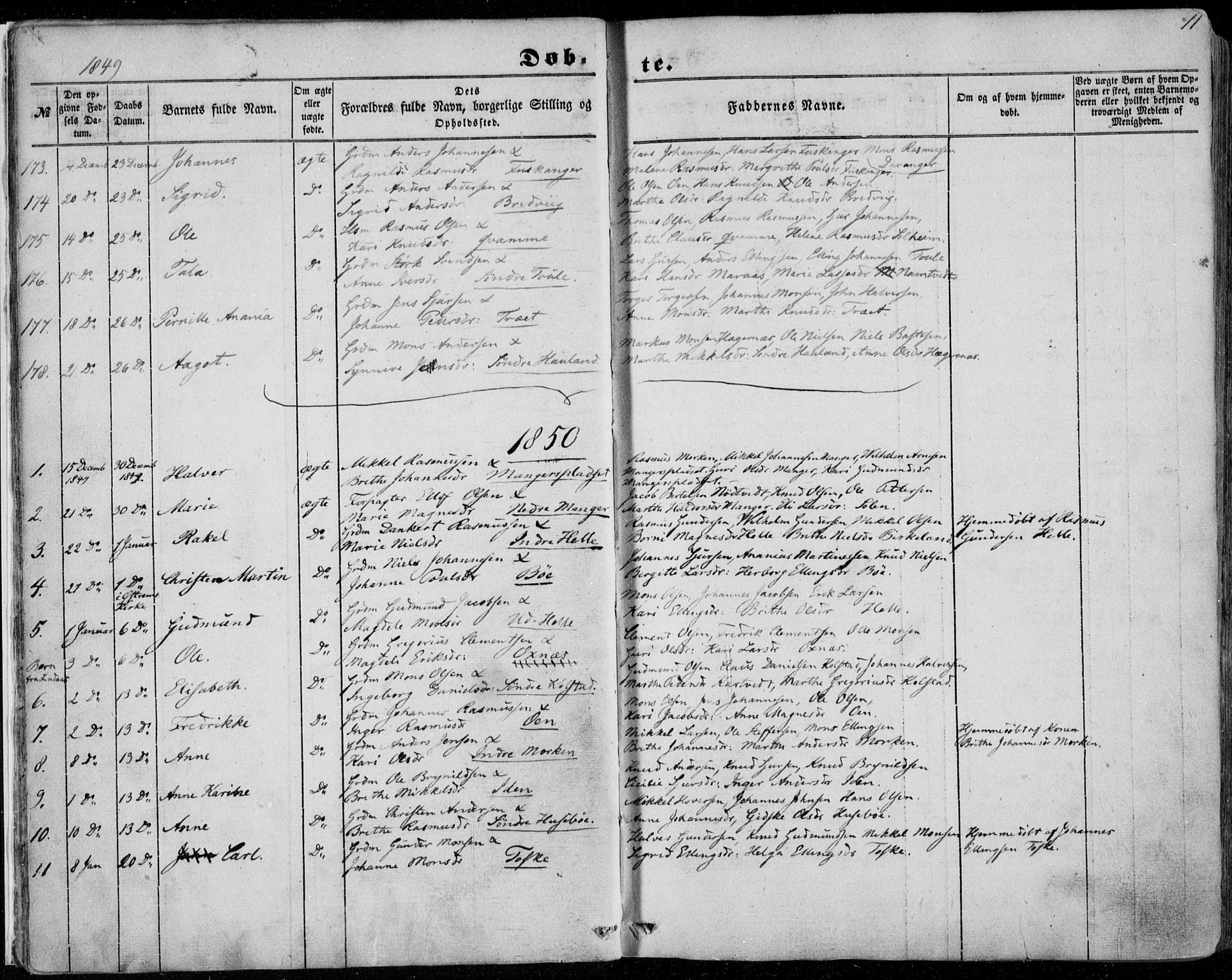 Manger sokneprestembete, AV/SAB-A-76801/H/Haa: Parish register (official) no. A 6, 1849-1859, p. 11