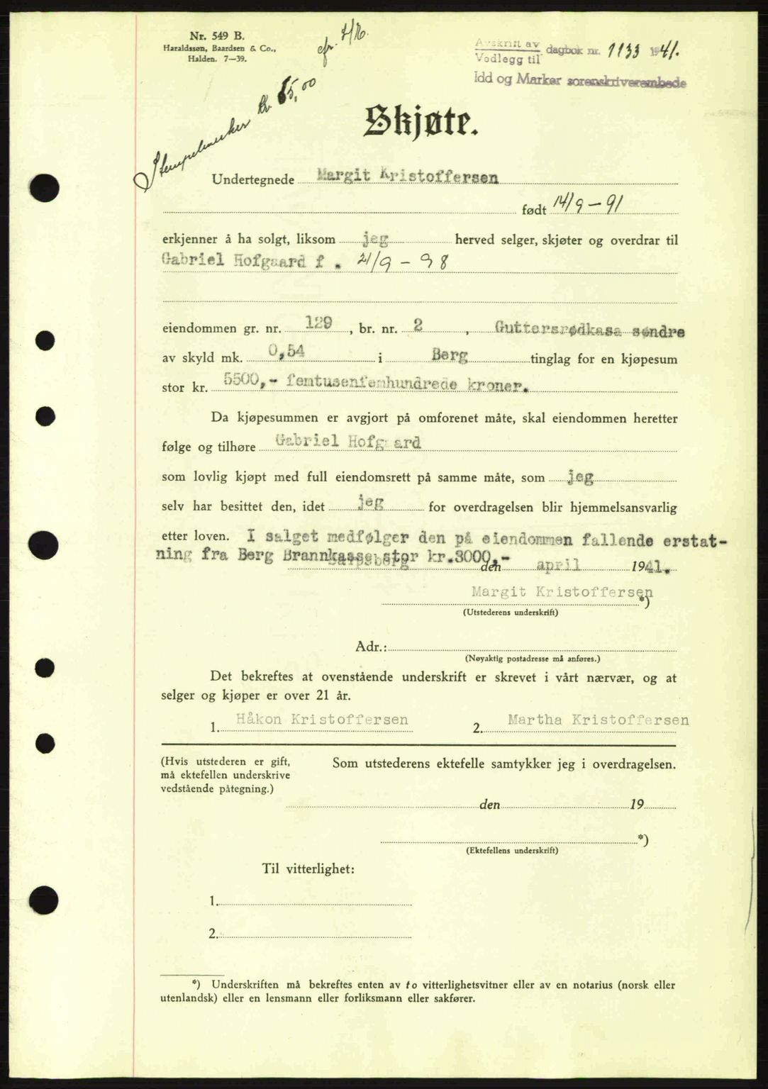 Idd og Marker sorenskriveri, AV/SAO-A-10283/G/Gb/Gbb/L0004: Mortgage book no. A4, 1940-1941, Diary no: : 1133/1941