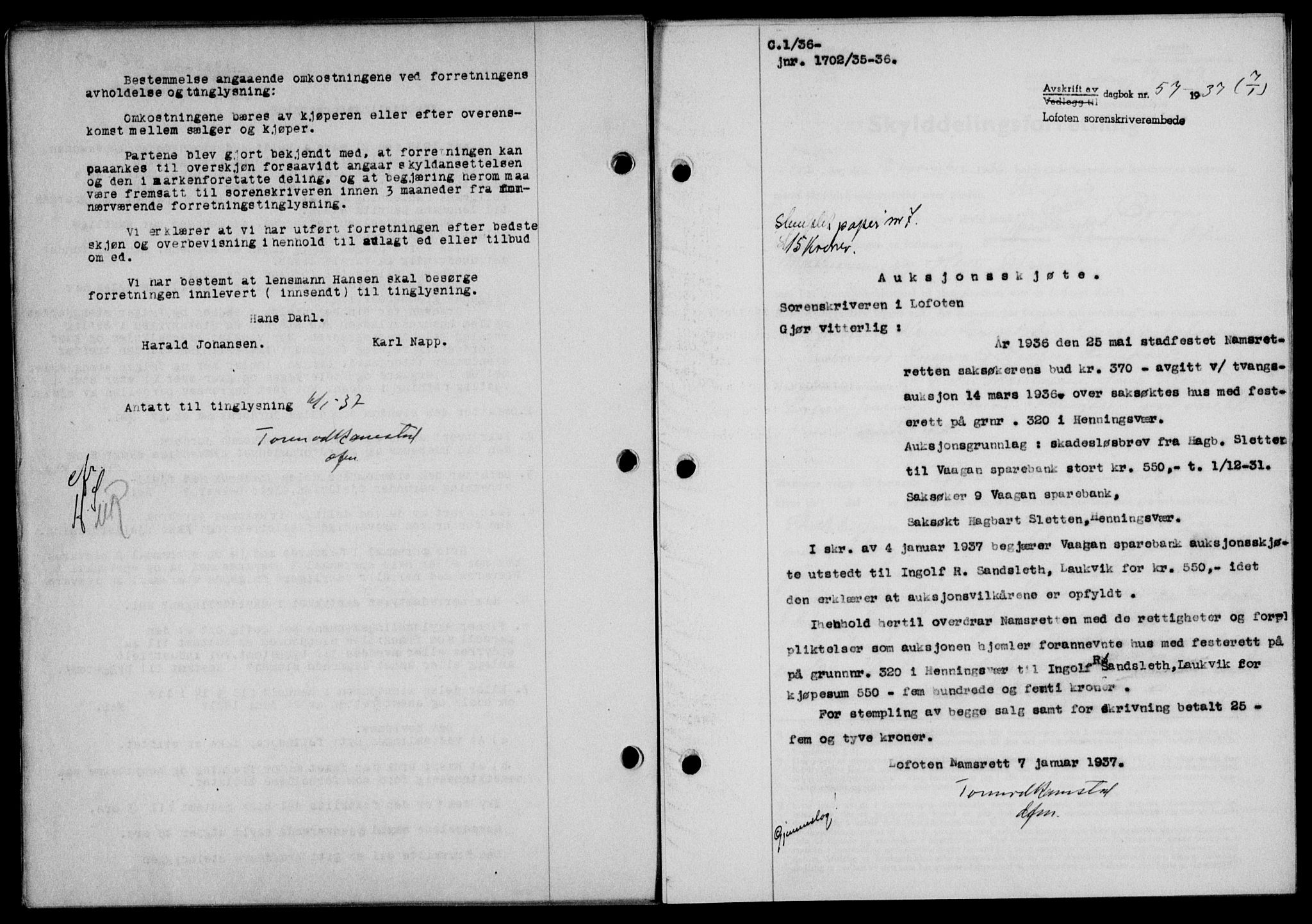 Lofoten sorenskriveri, SAT/A-0017/1/2/2C/L0001a: Mortgage book no. 1a, 1936-1937, Diary no: : 57/1937