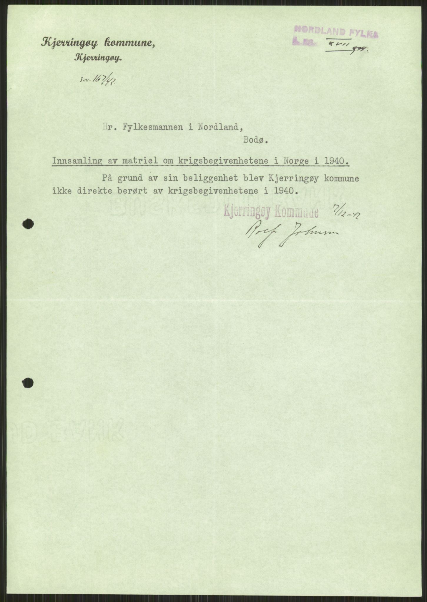 Forsvaret, Forsvarets krigshistoriske avdeling, AV/RA-RAFA-2017/Y/Ya/L0017: II-C-11-31 - Fylkesmenn.  Rapporter om krigsbegivenhetene 1940., 1940, p. 167