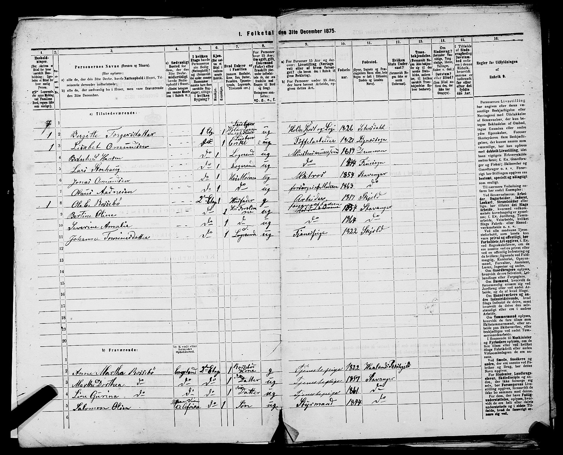 SAST, 1875 census for 1103 Stavanger, 1875, p. 863