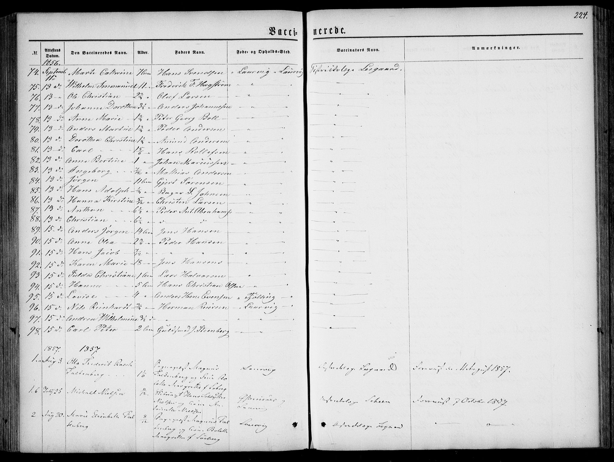 Larvik kirkebøker, SAKO/A-352/F/Fa/L0005: Parish register (official) no. I 5, 1856-1870, p. 224