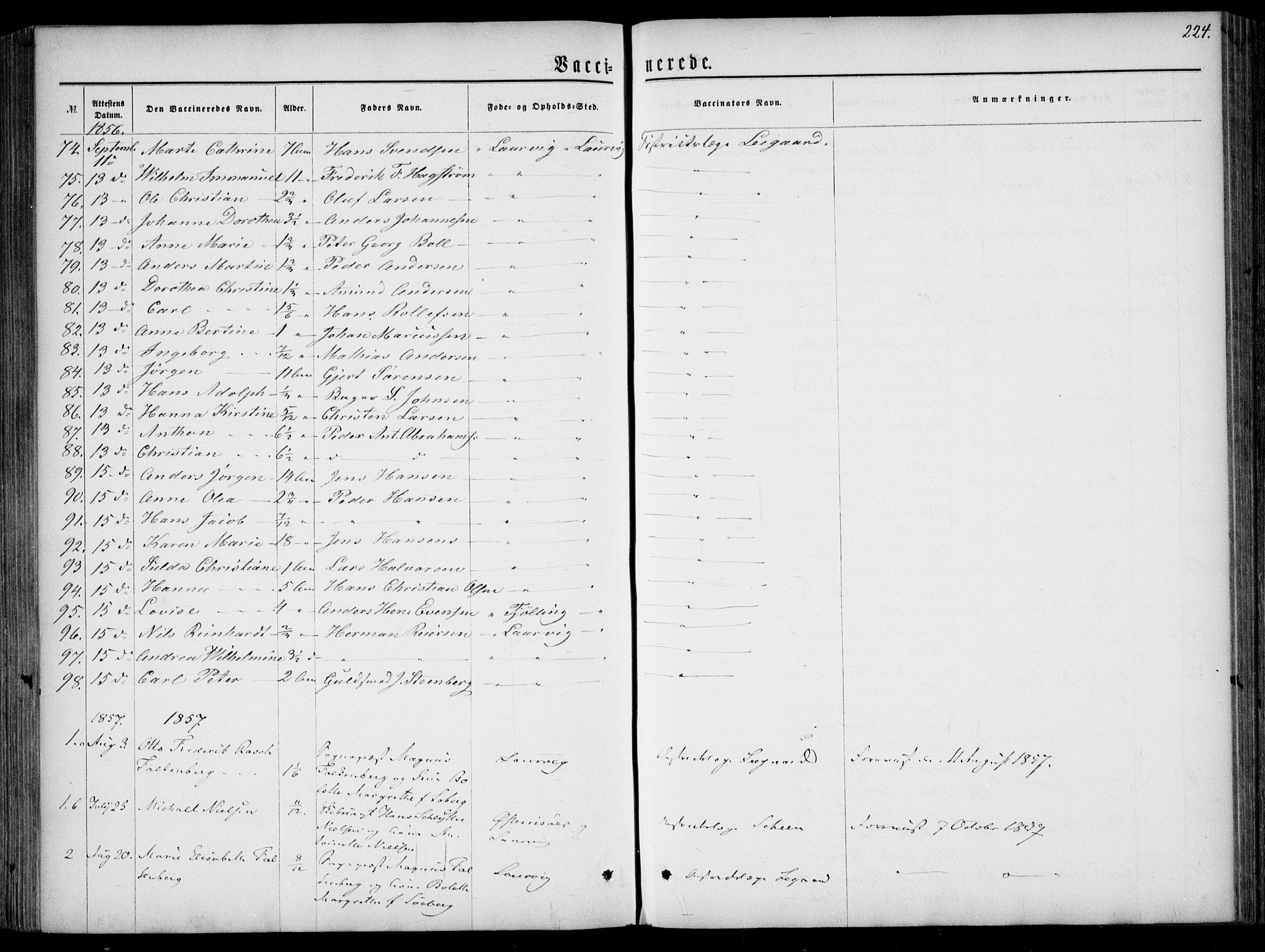 Larvik kirkebøker, AV/SAKO-A-352/F/Fa/L0005: Parish register (official) no. I 5, 1856-1870, p. 224