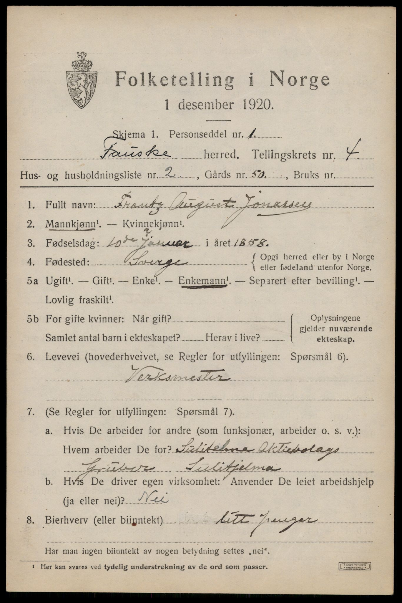 SAT, 1920 census for Fauske, 1920, p. 4164