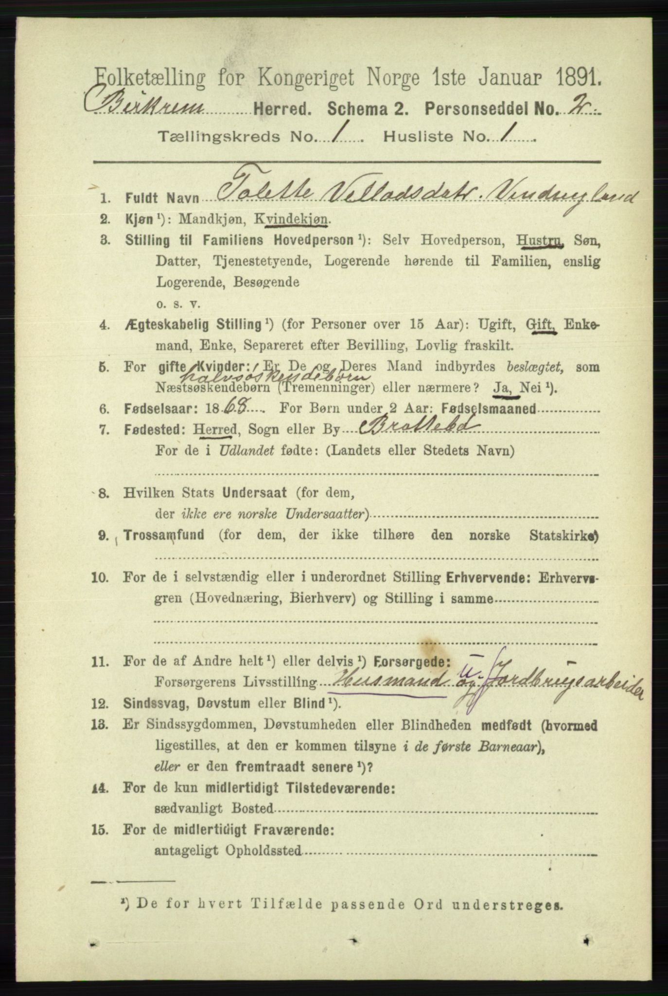 RA, 1891 census for 1114 Bjerkreim, 1891, p. 96