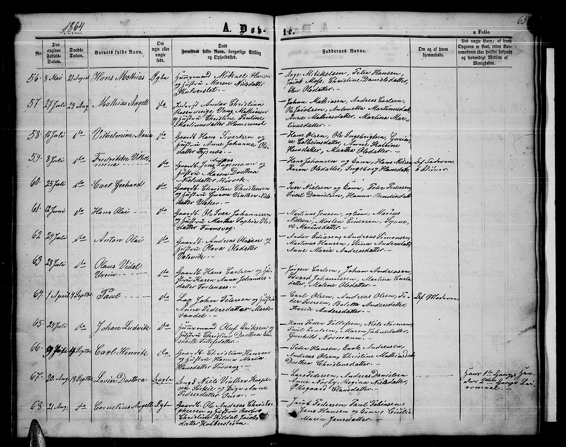Ministerialprotokoller, klokkerbøker og fødselsregistre - Nordland, AV/SAT-A-1459/859/L0857: Parish register (copy) no. 859C03, 1854-1873, p. 65
