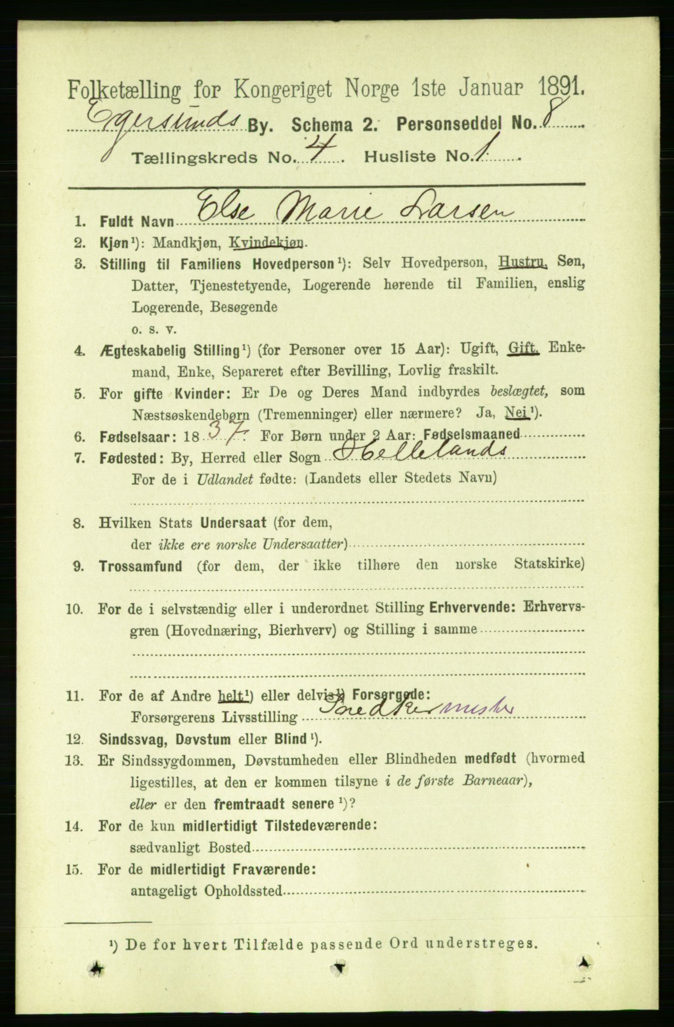 RA, 1891 census for 1101 Egersund, 1891, p. 607