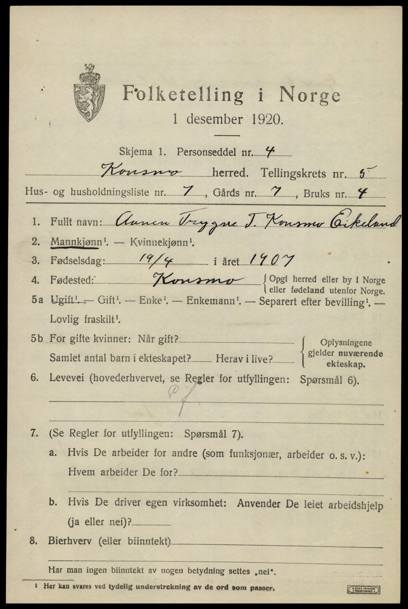 SAK, 1920 census for Konsmo, 1920, p. 1270