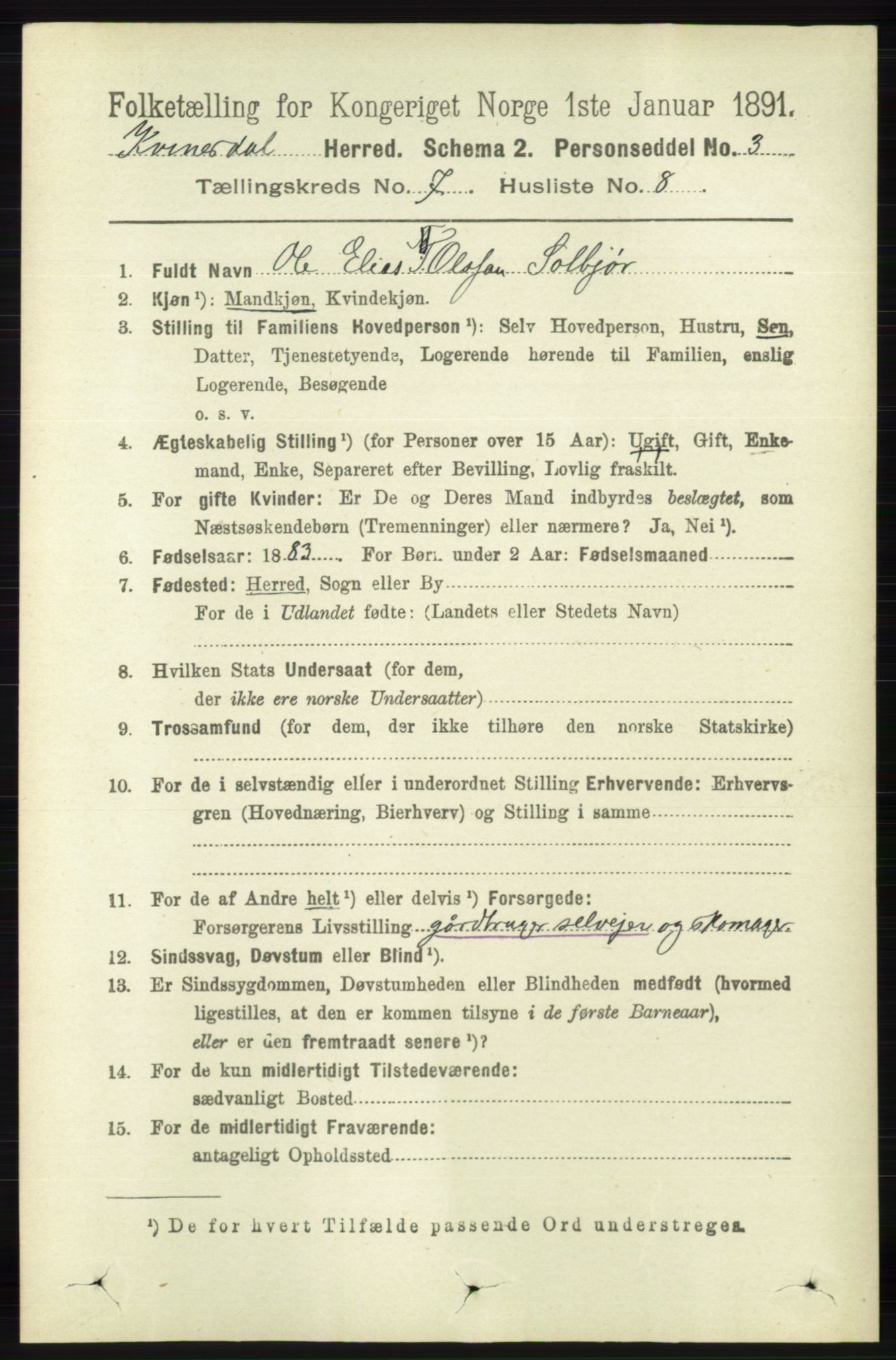 RA, 1891 census for 1037 Kvinesdal, 1891, p. 2470