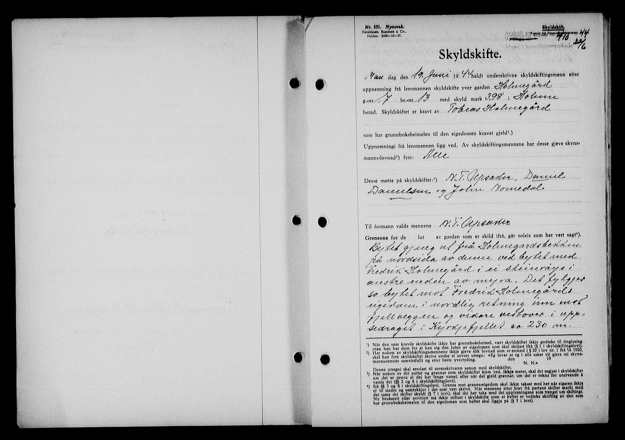 Mandal sorenskriveri, SAK/1221-0005/001/G/Gb/Gba/L0075: Mortgage book no. A-12, 1943-1944, Diary no: : 410/1944