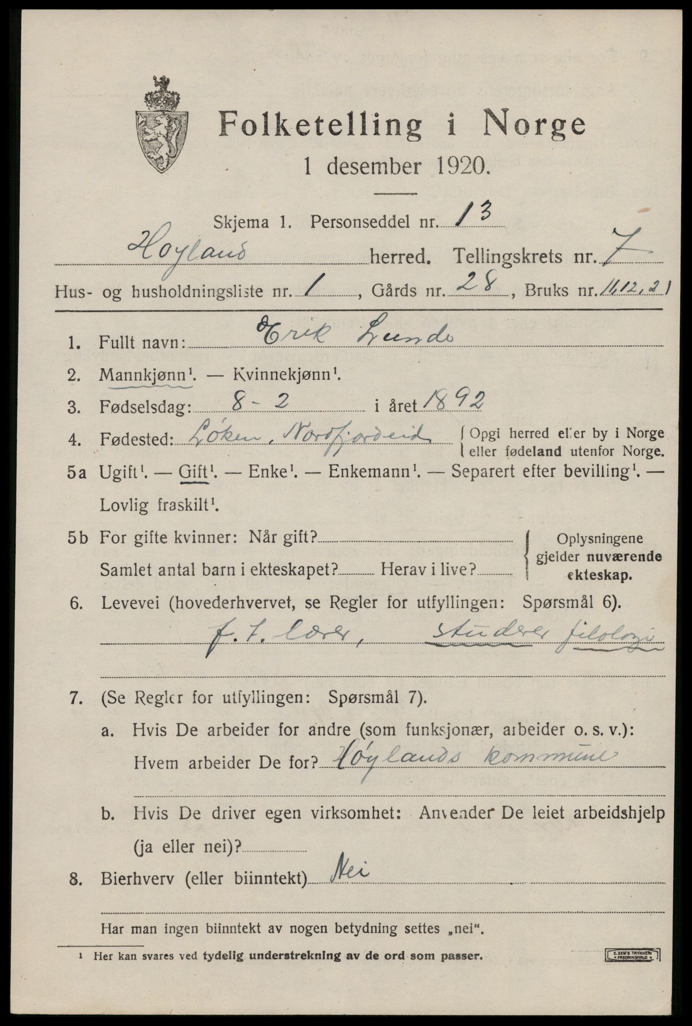 SAST, 1920 census for Høyland, 1920, p. 4632