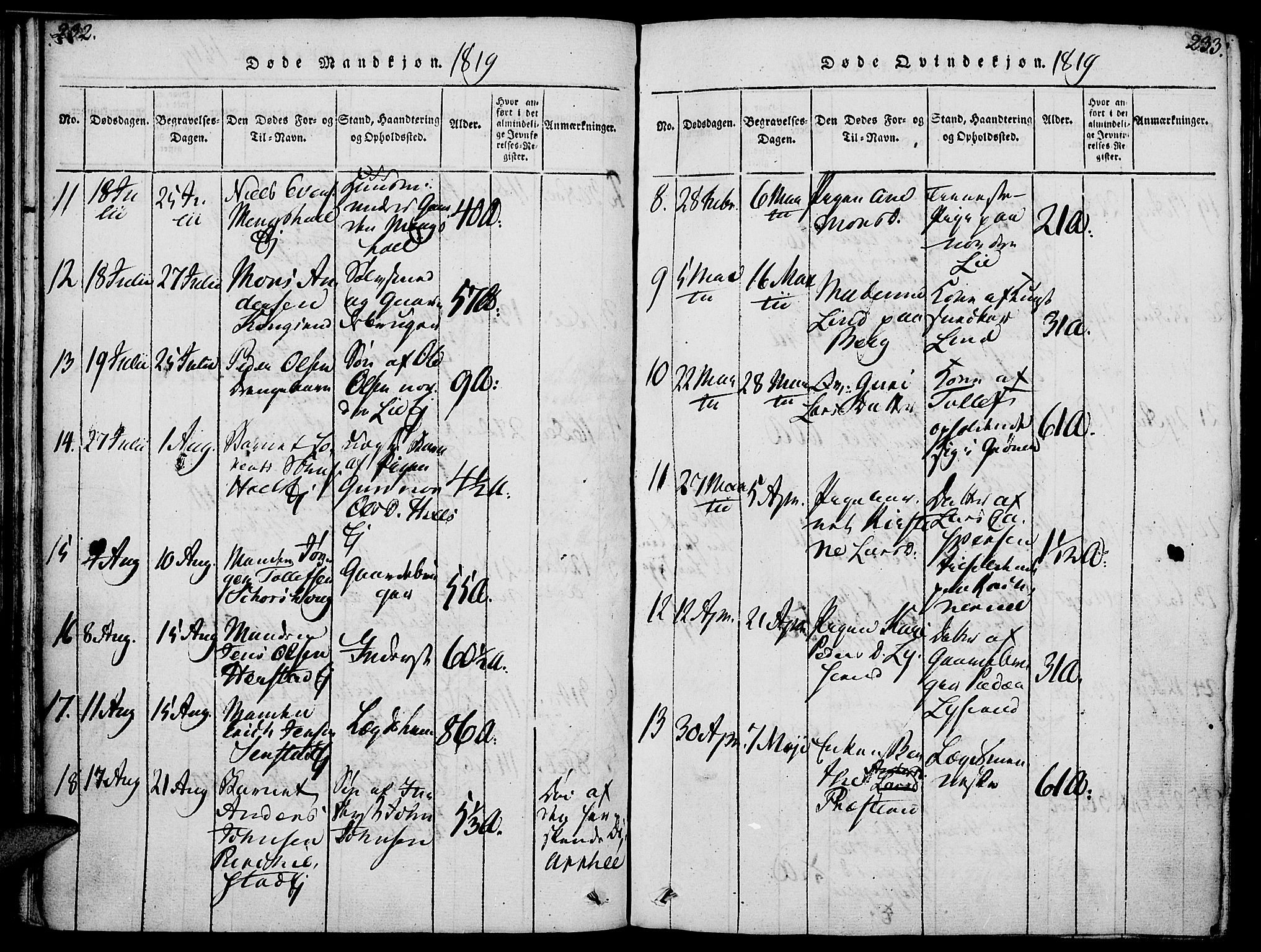 Nes prestekontor, Hedmark, AV/SAH-PREST-020/K/Ka/L0002: Parish register (official) no. 2, 1813-1827, p. 232-233