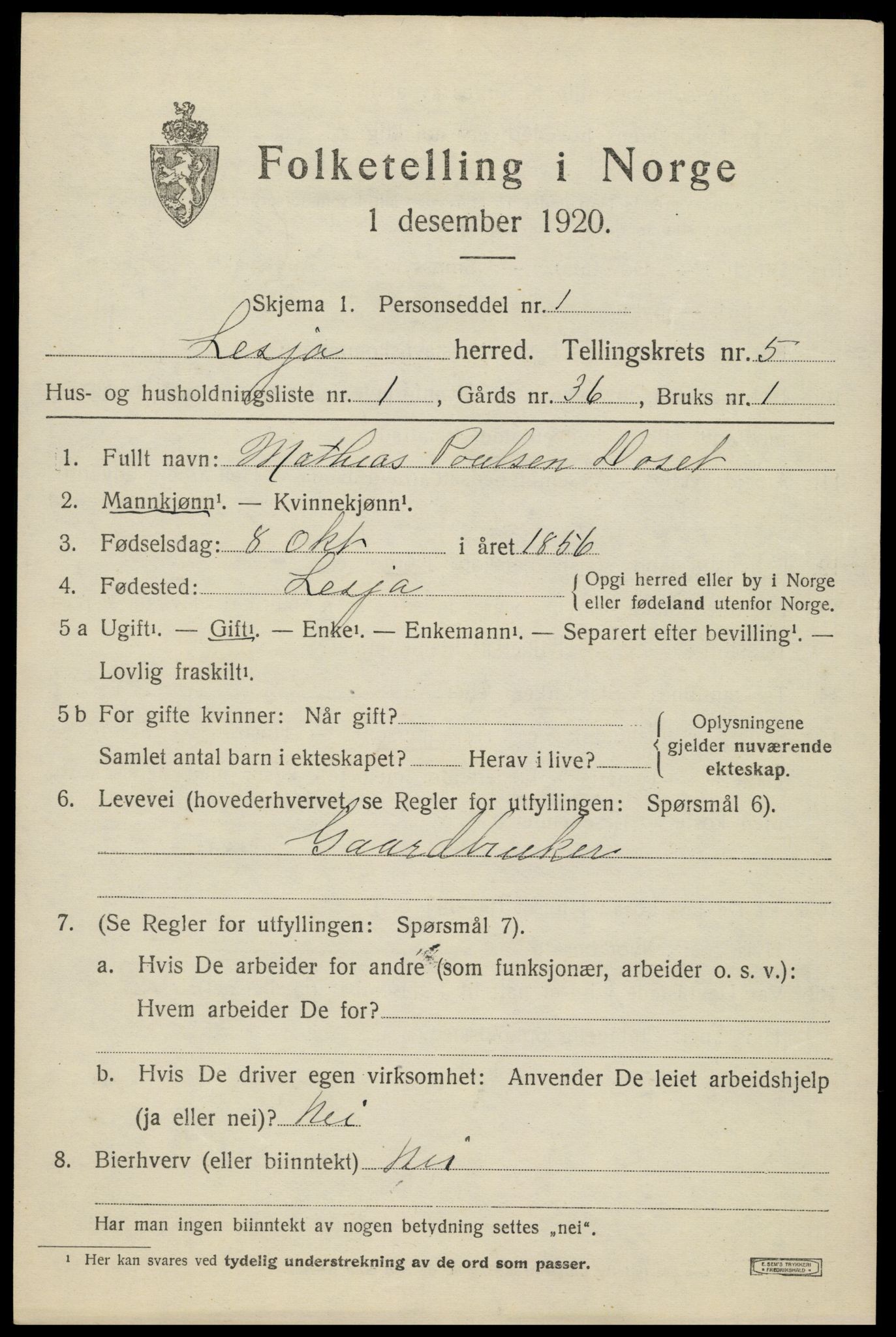 SAH, 1920 census for Lesja, 1920, p. 2798