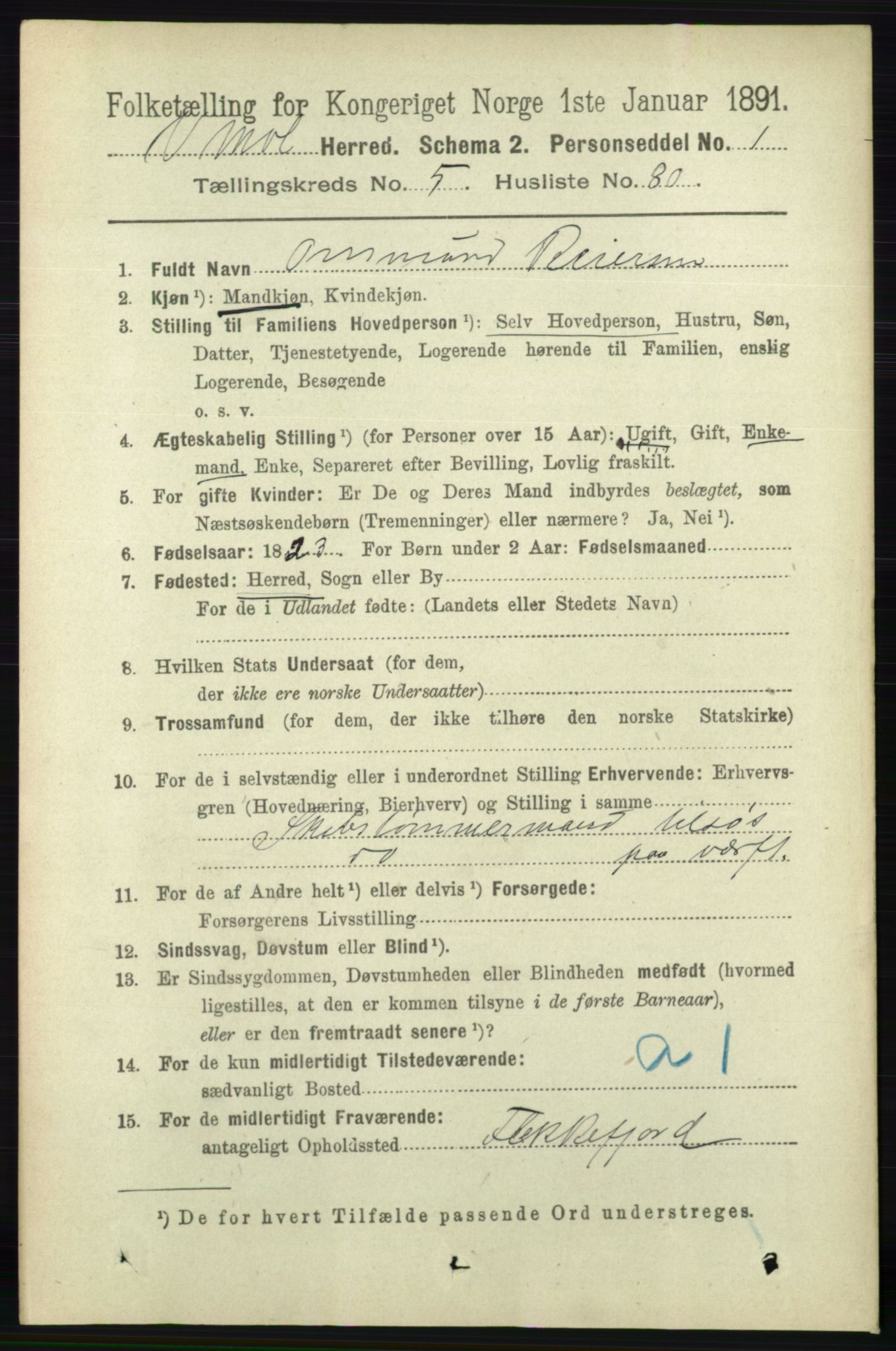 RA, 1891 census for 0926 Vestre Moland, 1891, p. 2266