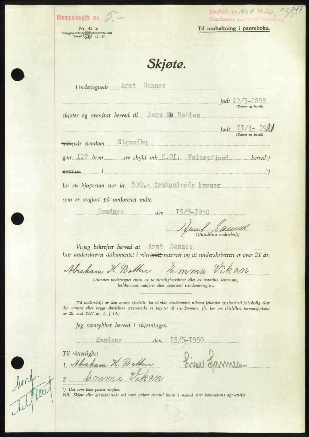 Nordmøre sorenskriveri, AV/SAT-A-4132/1/2/2Ca: Mortgage book no. A115, 1950-1950, Diary no: : 1564/1950