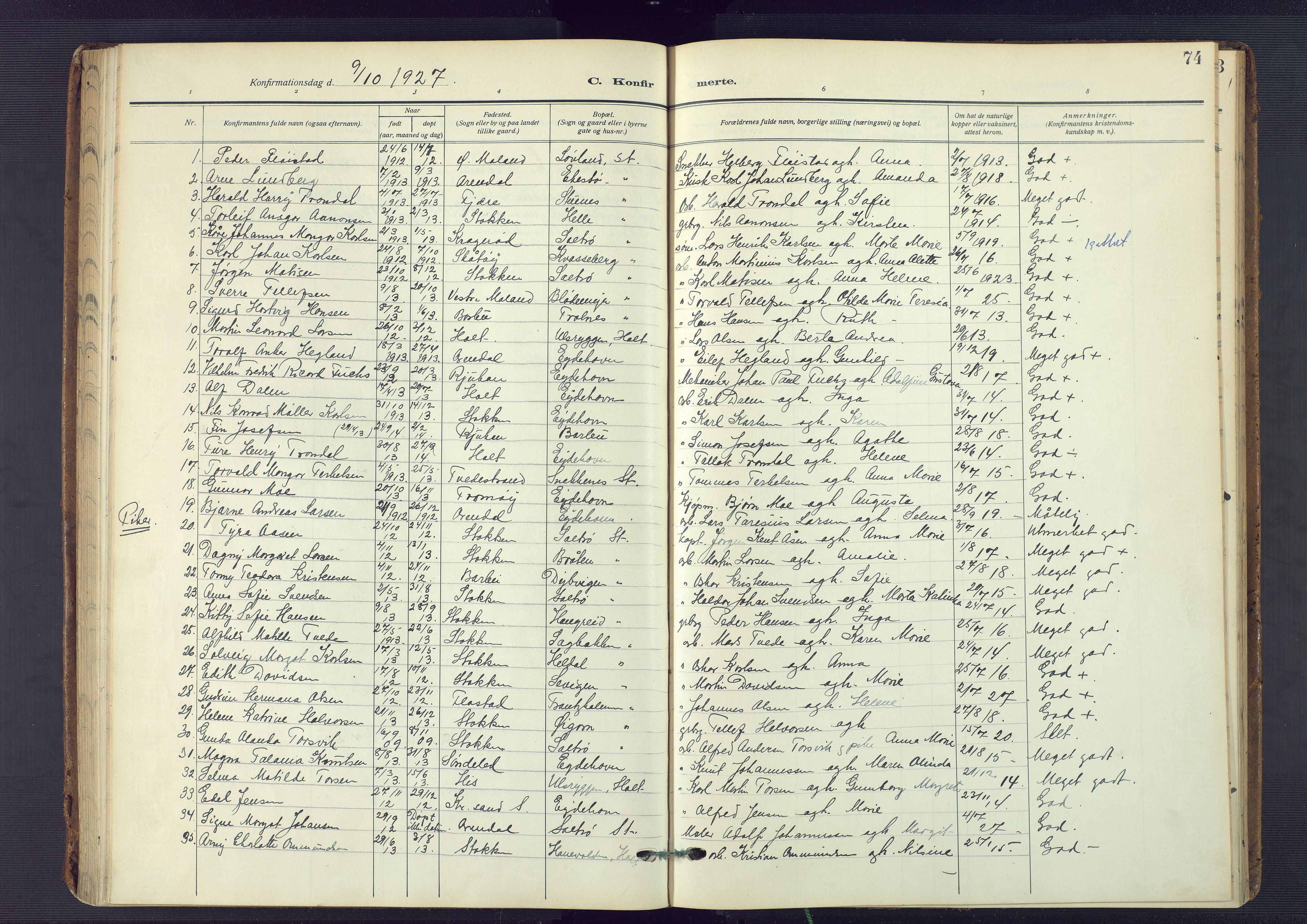 Austre Moland sokneprestkontor, SAK/1111-0001/F/Fa/Fab/L0003: Parish register (official) no. A 3, 1914-1927, p. 74