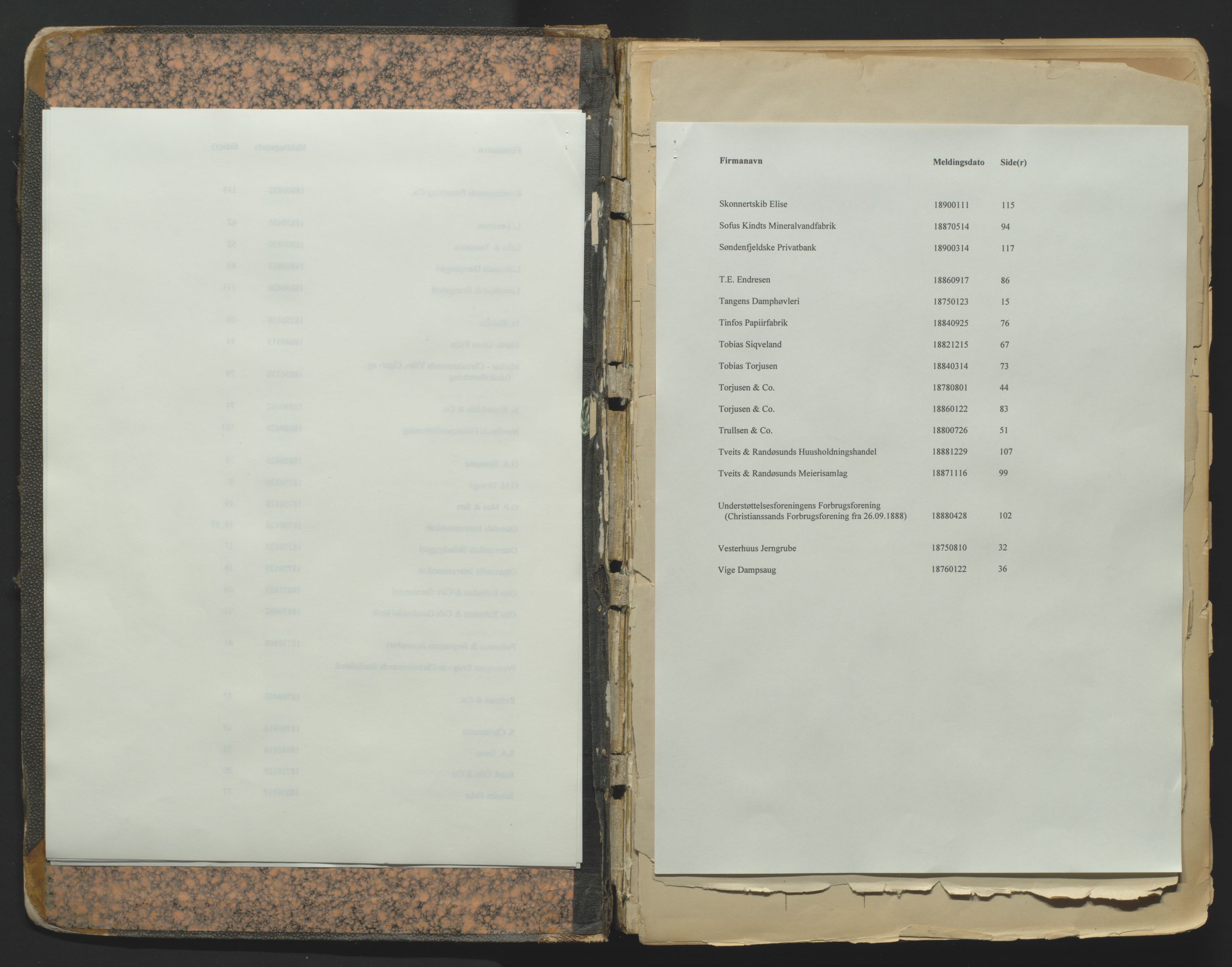 Kristiansand byrett, AV/SAK-1223-0001/K/Kb/L0001: Firmaregister A, med register, 1874-1890