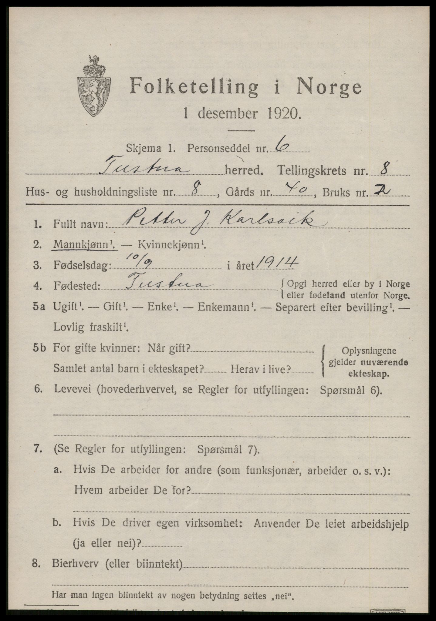 SAT, 1920 census for Tustna, 1920, p. 3699