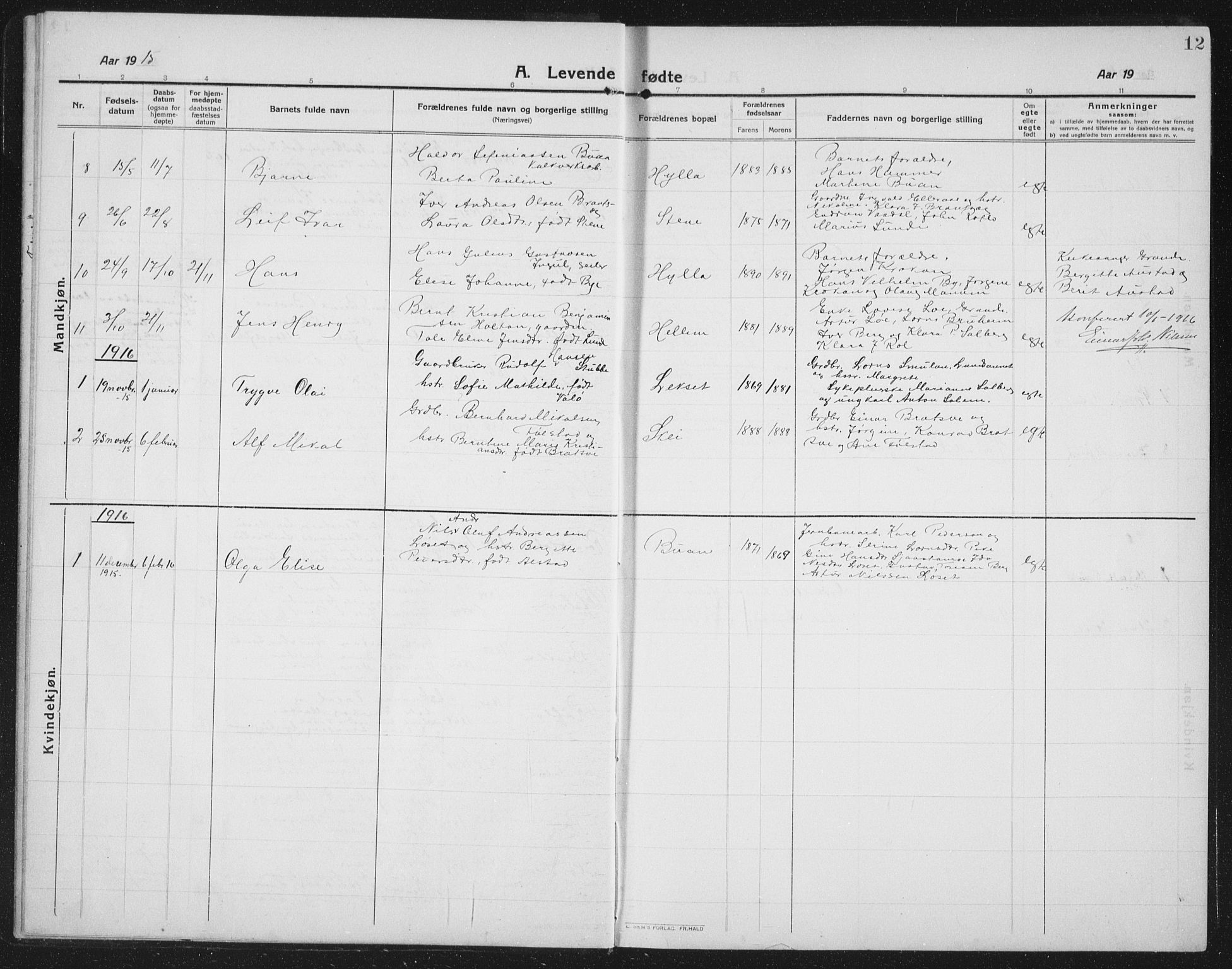 Ministerialprotokoller, klokkerbøker og fødselsregistre - Nord-Trøndelag, SAT/A-1458/731/L0312: Parish register (copy) no. 731C03, 1911-1935, p. 12